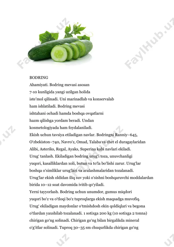 mintaqalarda 15–30-iyun, shimoliy mintaqalarda 15–25-mayda ekiladi. ertagi mahsulot yetishtirish uchun 70+140/2x40 sm sxemada urug‘ ekiladi. bunda qatorlar orasi 70 sm, pushlaral orasi 140 sm va o‘simliklar oralig‘i 40 sm.ni tashkil etadi. urug‘lar qo‘lda 4–5 sm chuqurlikka ekiladi. urug‘ sarfi 1 sotixga 20–30 gr (10 sotixga 200–300 gr). 28 29 parvarishlash. unib chiqib nihollar paydo bo‘lganda birinchi va 2-3 ta chinbarg paydo bo‘lgandan keyin esa ikkinchi marta yagana qilinadi. qator oralarini qo‘l kuchi yordamida ketmon bilan 15–16 sm chuqurlikda o‘simlik atrofi bilan yumshatib turish, mineral oziqa va suv berib borish kerak. suvga talabchanligi jihatdan bodring sabzavot ekinlari orasida birinchi o‘rinda turadi. naychalash va mevasi yetila boshlagan davrda bodring suvni ayniqsa ko‘p talab qiladi.o‘suv davri mobaynida sizot suvlari yaqin joylarda 8-9 marta sizot suvlari chuqur joylashgan maydonlarda esa 12-14 marta sug‘oriladi. har ikki-uch sug‘orishdan keyin qator oralari 15–16 sm chuqurlikda yumshatib boriladi. o‘g‘itlash. 1 sotix yerdagi bodring sof holda 5,8 kg sulfat …