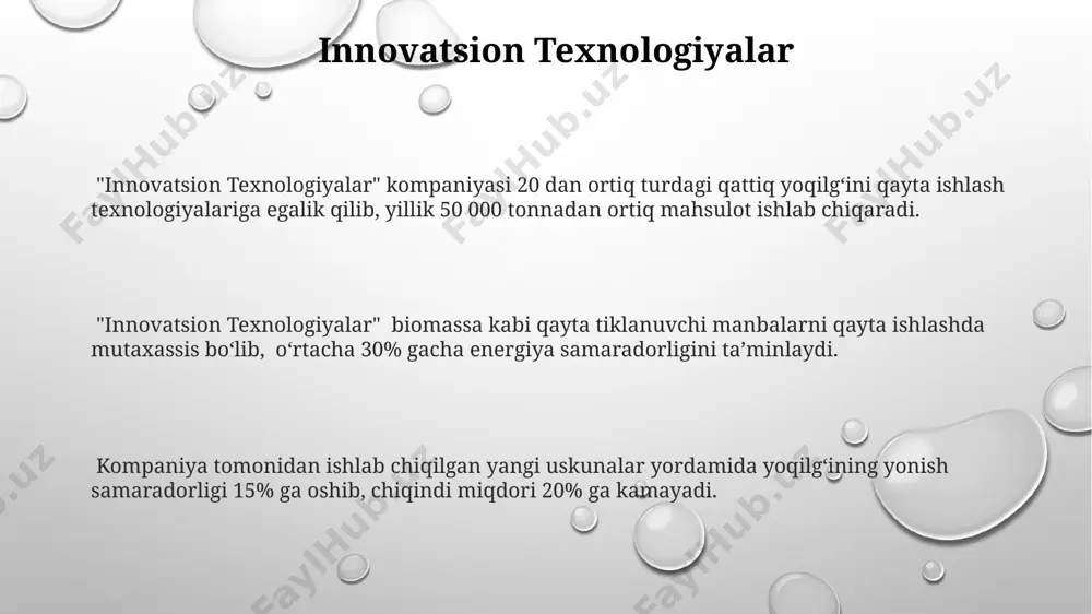 sh kutilmoqda. maydalash va sıralama jarayonlari sıralama jarayonida, aylanma eleklar yordamida 1-3 mm o'lchamdagi zarrachalar ajratib olinadi va keyinchalik granulalar hosil qilish yoki boshqa texnologik jarayonlarda ishlatiladi. maydalash jarayonida, 80% dan ortiq zarrachalar o'lchami 100 mikrondan kichik bo'lishi uchun, ko'pincha uchta bosqichli maydalash tizimi – birlamchi, ikkilamchi va uchlamchi maydalash qo'llaniladi. maydalash va sıralama samaradorligini aniqlash uchun, zarrachalar o'lchamining tarqalish egri chizig'i (psd) va massaning o'rtacha o'lchami (d50) kabi parametrlar hisoblanadi. termik qayta ishlash termik qayta ishlash texnologiyalari, masalan, gidrokreking, yonilg‘ining kimyoviy tarkibini o‘zgartirib, oltingugurt va azot oksidlarining chiqindilarini 70% gacha kamaytirishi mumkin. katta hajmdagi qattiq yonilg‘i zaxiralarini termik qayta ishlash orqali, taxminan 30% gacha bo‘lgan yuqori kaloriyali gaz va suyuq yonilg‘i olish mumkin, bu esa energiya manbalarini diversifikatsiya qilishga yordam beradi. termik qayta ishlash jarayonida yonuvchanlik xususiyatlarini yaxshilash uchun 500-800°c haroratlarda kokslanish va gazlashtirish kabi usullar qo‘llaniladi, bu esa yonilg‘ining samaradorligini 15-20% ga oshiradi. gazlashtirish texnologiyalari gazlashtirishning suv bilan …
