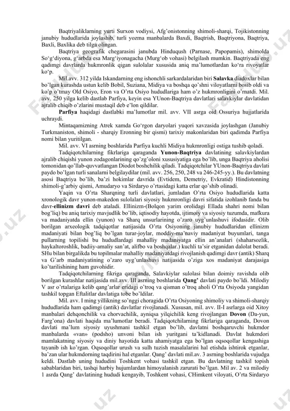 urlov appartiga ega bo‘lgan, jamiyatdagi barcha ijtimoiy – siyosiy guruhlarning manfaatini ifoda etuvchi, ularni birlashtirib va muvofiqlashtirib turadigan siyosiy tashkilotdir. davlatning asosiy belgilari quyidagilardan iborat: 1. aholining hududiy asosga ko‘ra birlashganligi 2. milliy suverenitetga egaligi (ichki va tashqi siyosatni amalga oshirishdagi mustaqillik) 3. maxsus boshqaruv va majburlov apparatining mavjudligi 4. huquq tizimining mavjudligi 5. soliq tizimiga egaligi. akademik a.sagdullayev qadimgi boshqaruv tizimi quyidagi funksiyalar bilan bog‘liq holda amalga oshirganligini ta’kidlaydi: iqtisodiy, ijtimoiy, harbiy-siyosiy va hududiy. tadqiqotlardan ma’lum bo’lishicha, davlatning paydo bo’lishi turli xalqlarda turli yo’llar bilan bo’lib o’tgan, uzoq davom etgan jarayondir. tadqiqotchilarning fikricha, birinchidan, davlatlar paydo bo’lishining osiyocha ishlab chiqarish usuliga asoslangan «sharq yo’li» bo’lib, unda iqtisodiyotning asosini irrigatsiya dehqonchiligi tashkil etgan; er va irrigatsiya inshootlari davlatning mulki bo’lgan; dehqonchilik jamoasi jamiyatning birlamchi yacheykasi edi; aholining katta qismini safarbar etish zaruriyati prinsipal boshqaruvchilar tabaqasini taqozo etgan. ishlab chiqarishning osiyocha usuli mil.avv. v ming yillikdan milodiy i asrgacha daryolar vodiylarida …