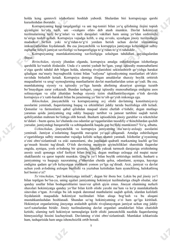incha avtonom ishlaydigan maxsus bo‘limlar tashkil qilinadi. masalan, huquqni muhofaza qilish idoralari ko‘pincha ijro etuvchi hokimiyat rahbariga, shuningdek byurokratik apparatga bo‘ysunsada, ammo shu bilan birga sezilarli darajada ichki nazoratni amalga oshirish bo‘yicha o‘z vakolotlariga ega bo‘ladi. shu tufayli korrupsiyaga qarshi kurashning falsafiy paradigmalarini amalga oshirishning asosiy usuli bo‘lgan ichki nazorat bugungi kunda asosiy,salmoqli,samarador o‘rinlardan birini egallab kelmoqda. 2. tashqi boshqaruv. bunga ijro hokimiyatidan yuqori darajada mustaqillikka ega bo‘lgan mexanizmlar kiradi. birlashgan millatlar tashkilotining 2003 yilda qabul qilingan “korrupsiyaga qarshi konvensiyasi”da korrupsiyaga daxldorligi uchun ogohlantirish,korrupsiyada ishtiroki uchun jinoiy ta’qib va tergov hamda amaliyot operatsiyalarini ishga solmaslik,jinoyat yo‘li bilan topilgan mablag‘larni qaytarish maqsadida hatlash,musodara qilishga yo‘naltirish bo‘yicha amal qiladigan mexanizmlar ko‘rsatib o‘tilgan. bunday mexanizmlar qatoriga kiruvchi mustaqil sud tizimining mavjudligi va uning qonunni buzgan byurokratni osongina va samarali sud qilishi,amalda korrupsiyaning potensial jozibadorligini keskin pasaytiradi. shu bilan bir qatorda so‘z va ommaviy axborot vositalarining erkinligi byurokratik apparatda korrupsiya holatlarini nazorat qilishning eng …