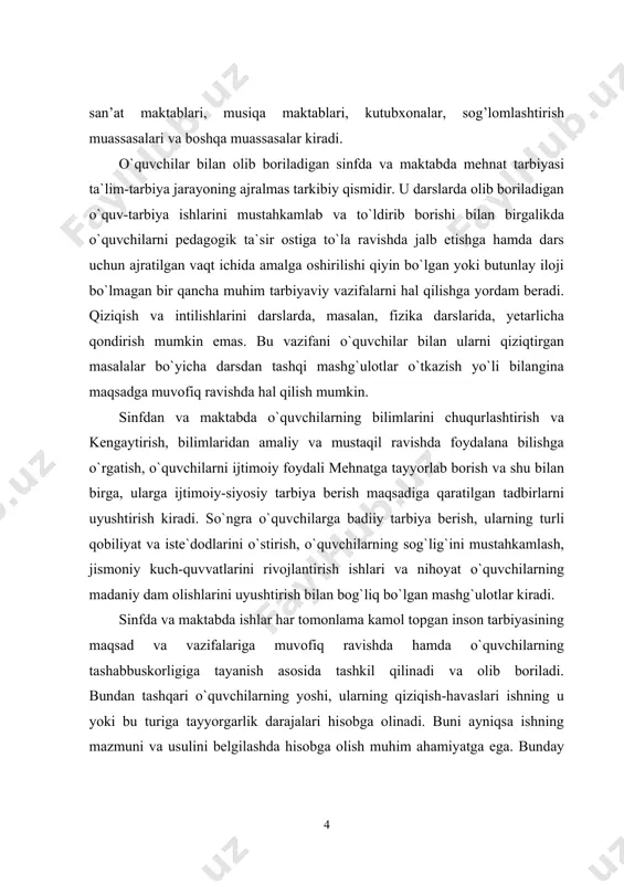 tarbiyasini tashkil etish mazmuni, shakli va metodlaridan foydalanish jarayoni. kurs ishining predmeti: komil insonni shakllantirishda mehnat tarbiyasi ishlarning mazmuni, shakli va metodlaridan foydalanish mazmuni. kurs ishining vazifalari: 1.mehnat tarbiyasini tashkil etish usullarining mazmuni, shakli va metodlaridan foydalanishning hozirgi holatini o’rganish. 2.mehnat tarbiyasi tashkil etish mazmuni, shakli va metodlaridan foydalanish omillarini aniqlash. 3.mehnat tarbiyasida maktab, oila va jamoatchilik hamkorligida bolalarni tarbiyalash shakl, metod va vositalarni belgilash. kurs ishining tarkibi: kirish, asosiy qism, xulosa va adabiyotlar ro’yxatidan iborat. i.bob komil insonni shakllantirishda tarbiyaning mohiyati va mazmuni o'rganish. 1.1. komil insonni shakllantirishda mehnat tarbiyasining mohiyati, maqsadi, vazifalari, shakl va metodlari. mehnat tarbiyasi o‘quvchilarga mehnatning mohiyatini chuqur anglatish, ularda mehnatga ongli munosabat, shuningdek, muayyan ijtimoiy-foydali harakat yoki kasbiy ko‘nikma va malakalarini shakllantirishga yo‘naltirilgan pedagogik faoliyat jarayoni bo‘lib, ijtimoiy tarbiyaning muhim tarkibiy qismlaridan biri hisoblanadi. mehnat tarbiyasini shunday tashkil etish kerakki, inson mehnat jarayoni va uning natijasidan qanoatlanishini tarkib toptirishga ko‘maklashsin. mehnat tarbiyasining provard maqsadi …