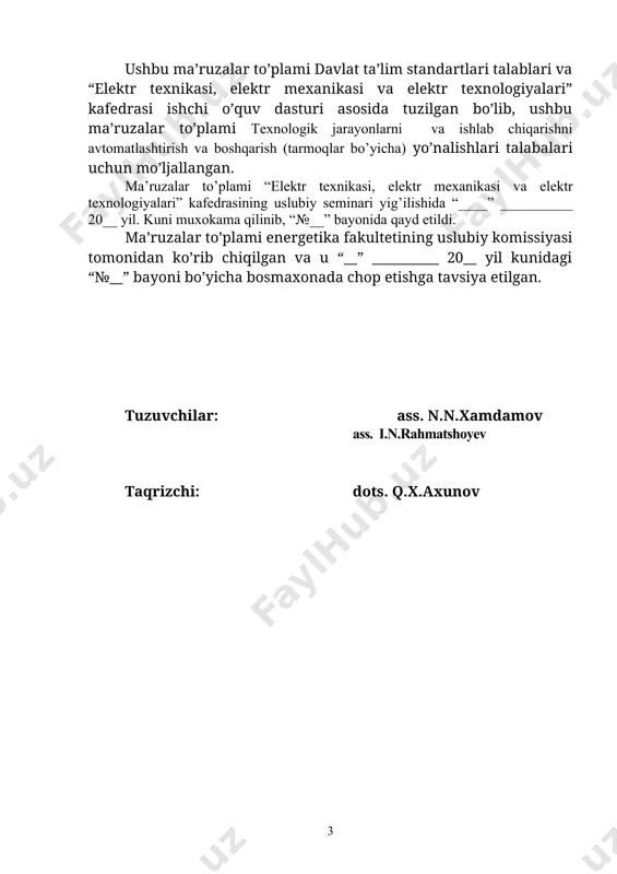 stansiyalarning quvvati ularda o’rnatilgan yakka generatorlar quvvati bilan aniqlanadi, agar 20-asrning boshlaridagi dastlabki gidrogeneratorlarning (gidroelektr stansiyalari uchun mo’ljallangan generatorlar) quvvati 2 mvt bo’lgan bo’lsa, xozirgi kunda energetika tizimlarida 800 mvt va undan ortiq quvvatli gidrogeneratorlar, 1200mvt quvvatli turbogeneratorlar (issiqlik elektr stansiyalari uchun mo’ljallangan generator) ishlab turibdi. mamlakatni elektr energiyasi bilan taminlash xamma zamonlarda va xamma davlatlarda xam eng dolzarb masala xisoblangan. bugungi kunda, sir emaski, sanoat taraqqiyoti va axolining turmush darajasi elektroenergetika taraqqiyoti bilan bog’liq. shunday qilib, elektrotexnikaning taraqiyot bosqichlariga nazar solsak, uning rivojlanishi xayotiy extiyojlardan kelib chiqishini ko’ramiz. ayniqsa, bugungi, texnikaning intensiv taraqqiyoti davrida jamiyat taraqqiyoti va xayotiy extiyojlar elektroenergerika oldiga yangi talablar qo’ymoqda. bular elektr energiyasiga bo’lgan extiyojning tinimsiz ortishi, elektr energiya ta’minotining sifat darajasiga bo’lgan talablar (uzluksizligi, kuchlanishning me’rda bo’lishi), uning narxi, ekologik va xavfsizlik va xokazo boshqa talablardir. 1. elektrotexnika fani, uning predmeti va strukturasi. elektrotexnika elektr energiyasidan foydalanib ishlovchi qurilma va mexanizmlarni ishlashini, xamda elektr …