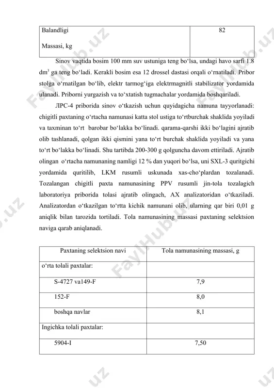 008, o‘zdst 620:2006 larda keltirilgan me'yordan oshmasligi kerak. uskunaning o‘rtacha ko‘rsatkichi bo‘yicha paxta tolasining navi 3- jadvalga qarab aniqlanadi. 5.1-rasm. lps-4 rusumli pribor sxemasi. 1 - ishchi kamerasi; 2, 3 - kameralar; 4 - ventilyator bilan elektrodvigatel; 5, 6 - manometrlar; 7 - stol; 8 - ishchi kameraning tubi; 9 - ishchi kameraning qopqoqi; 10 - yopish moslamasi; 11 - diafragma; 13 - drossel; 12, 14 – shtutserlar. olingan natijalar 4,1-jadval asosida boshqa yangi jadvalga yozib boriladi. belgilangan tartibda tasdiqlangan jadval bo‘yicha paxtaning selektsion naviga qarab hisoblangan qiymatlar bo‘yicha paxta tolasining nisbiy uzilish kuchi, pishib yetilganlik koeffitsienti va chiziqli zichligi belgilanadi. 4,1-jadval uskuna ko‘rsatkichlari, mm suv ustuni nav paxta tolasi chigitli paxta 205 gacha sara i 206...235 ii ii 236-280 iii ii 281-356 iv iii 357-391 iv iii 392-427 iv iv paxta tolasini navini aniqlashning zamonaviy jihozlaridan biri bu digimic xt mag-f0445 raqamli uskunasi hisoblanadi. paxta tolasini mikroeyr ko‘rsatgichini aniqlash …