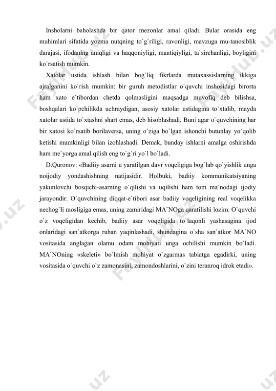 idan kechib, badiiy asar voqeligida to`laqonli yashasagina ijod onlaridagi san`atkorga ruhan yaqinlashadi, shundagina o`sha san`atkor ma`no vositasida anglagan olamu odam mohiyati unga ochilishi mumkin bo`ladi. ma`noning «skeleti» bo`lmish mohiyat o`zgarmas tabiatga egadirki, uning vositasida o`quvchi o`z zamonasini, zamondoshlarini, o`zini teranroq idrok etadi» . adabiyotlar: 1.karimov i.a. barkamol avlod orzusi. toshkent: «sharq nashriyoti kontserni», 1999 . 2. ahmadjon b., islom odobi va madaniyati. toshkent: «cho`lpon», 1995 . 3. zunnunov a., hotamov n. esonov j. maktabda adabiyot o`qitish metodikasi. toshkent: «o`qituvchi», 1993 . 4. yo`ldoshev k. adabiyot o`qitishning ilmiy-nazariy asoslari. toshkent: «o`qituvchi», 1996 5. www.pedagog.uz 6. www.tdpu.uz page