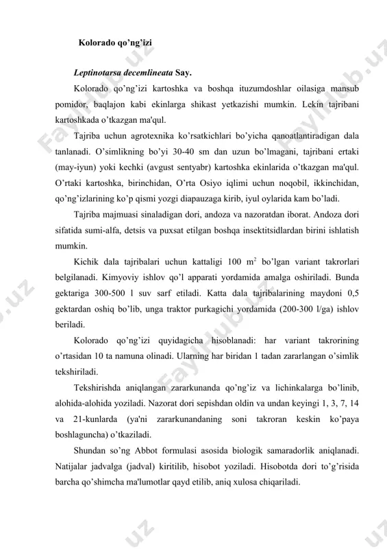 tajriba, qayerda, qachon va qanday o’tkazildi) aculops licopersici massee. mitti, 2 juft oyoqli zang kanasi eriophyidae oilasiga mansub bo’lib, o’zbekistonda asosan pomidor hamda kartoshkaga kuchli ziyon etkazadi. zararkunandani odatda kech sezishadi (o’simlik poyasi yiltiroq zang tusga kirib, barglar sarg’ayib chiriy boshlaganda). agrotoksikologik tajriba o’tkazish uchun bunday kuchli zararlangan paykallar yaramaydi. tajriba kana bilan o’rtacha zararlangan pomidor yoki kartoshka dalasida o’tkaziladi. zang kanasini aniqlash uchun 10-15 martadan yuqori kattalikda ko’rsatuvchi entomologik lupadan foydalansa bo’ladi. kichik dala tajribalari maydonchalarining kattaligi 50-100 m2 bo’lib, u qo’l apparatlari yordamida ishlanadi. ishchi suyuqligi o’simlikning katta-kichikligiga qarab, gektariga 500 dan 1000 litrgacha belgilanadi. yirik tajribalar traktor purkagichi yordamida ishlanadi (300-600 l/ga). pomidorning zang kanasini hisoblash uchun quyidagi usuldan foydalaniladi: har bir variant takror bo’lagining o’rta qismidan 10 tadan namuna (har namunada 1 tadan zararlangan o’simlik) ko’riladi. har o’simlikda esa kananing 1 ta bargga yoki 1sm2 sathga to’g’ri keladigan soni aniqlanadi. nazoratlar dori sepilish oldidan va undan …
