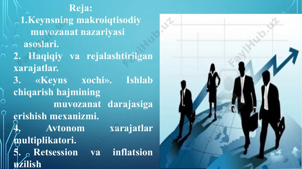 i daromadlar (y) o‘zgarishiga bog‘liq emas deb olinadi. shuning uchun sof eksport to‘lig‘icha avtonom xarajatlar miqdoriga qo‘shiladi, ya‘ni avtonom xarajatlar (a + i + g +xn) yig‘indiga teng deb olinadi. avtonom xarajatlar mul‘tiplikatori muvozanatli yim o‘zgarishning avtonom xarajatlarning har qanday komponenti o‘zgarishiga nisbatini ko‘rsatadi: m = ay /aa: m - avtonom xarajatlar mul‘tiplikatori; ay - muvozanatli yalmning o‘zgarishi; aa - avtonom xarajatlarning y o‘zgarishiga bog‘liq bo‘lmagan o‘zgarishi. mul‘tiplikator - yalpi daromadlar avtonom xarajatlarning dastlabki o‘sishi (kamayishi)dan necha marta ortiq o‘sganligini (kamayganligi) ko‘rsatadi. 7.3- rasm. ishlab chiqarishning haqiqiy va potensial hajmi o‘rtasidagi retseession uzilish. 7.4- rasm. ishlab chiqarishning haqiqiy va potensial hajmi o‘rtasidagi inflatsionuzilish. e’tiboringiz uchun rahmat image2.png image3.jpg image4.jpg image5.png image6.png image7.jpg image8.jpg image9.png image10.png image11.png /docprops/thumbnail.jpeg