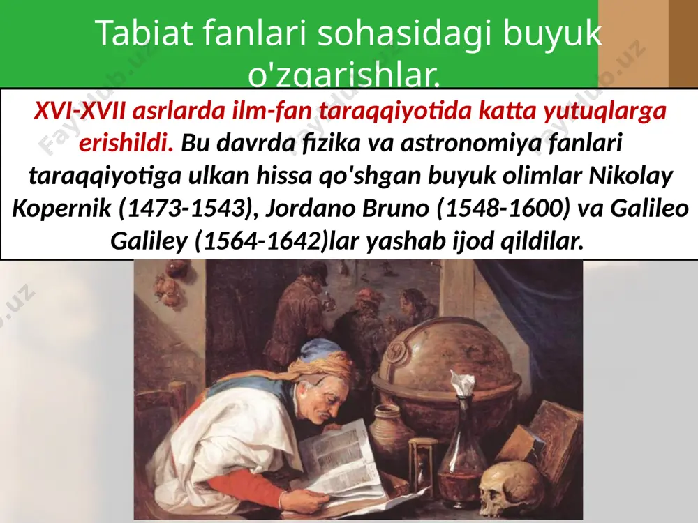 ijod qilgan jon lokk ilgari surgan g'oyalar keyingi asr faylasuflariga kuchli ta'sir ko'rsatdi. uning asosiy xizmati insonning yashash, erkinlik va mulkka egalik qilish huquqlari haqidagi ta'limotni yaratganligi bilan belgilanadi. yangi ixtirolar. xvi-xvii asrlar yangi ixtirolar davri ham bo'ldi. odamlar uchun energiyaning yangi manbalari juda zarur edi. busiz ishlab chiqarishni yanada rivojlantirishning iloji yo'q edi. xvi asrdan boshlab odamlar suv va shamoldan energiyaning yangi manbai sifatida foydalanishni o'rganib oldilar. shunday tegirmon g'ildiragi beradigan energiya yordamida teriga ishlov berildi va ruda maydalandi. chunonchi, shu davrdan boshlab shamol-tegirmon ixtiro qilindi. xvii asrda ruda portlatish yo'li bilan olina boshlandi. bu davrning yana bir yangiligi - toshko'mirdan foydalanish bo'ldi. olingan ruda esa yog'och izlarda yuruvchi kichik vagonchalarda tashila boshlandi. 1540- yildan 1640- yilgacha o'tgan yuz yil ichida ko'mir qazib chiqarish 250 ming tonnadan 1,5 mln tonnaga yetdi. toshko'mir mamlakat hayotida kumushdan kam baholanmas edi. savol va topshiriqlar 1. n. kopernik qanday olamshumul kashfiyotni amalga oshirdi? …