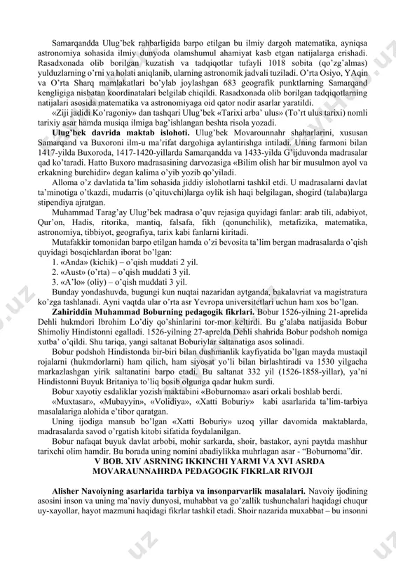 at qilgan. “temur tuzuklari”dagi o’gitlarni mohiyati va vazifasiga ko’ra quyidagi guruhlarga ajratish mumkin: “temur tuzuklari”dagi o’gitlarning axloq va odobga doir turlari: 1. din va shariatga doir. 2. davlat va uni idora etishga doir. 3. kengash o’tkazishga oid. 4. podsho va vazirlarga doir. 1. adolat va adolatsizlik. 2. so’z va ishonch birligi. 3. do’st va dushmanlik. 4. botirlik va qo’rqoqlik. 5. so’z va shirin-suxanlik. “temur tuzuklari”dagi hikmatlardan namunalar: 1. adovat emas, adolat engadi. 2. so’zlaguvchi gar nodon erur, tinglaguvchi dono o’lsin. 3. ota bo’lmagan, ota qadrini bilmas. 4. do’shmandan qo’rqma, munofiqdan qo’rq. 5. ishon. ammo shubha qil. 6. kuch – adolatdadir. 7. do’stlik sinovda chiniqadi. 8. filning dumi bo’lguncha, chumolining boshi bo’l. 9. toy mingan – ot ham minadi. 10. botir jangda bilinar, dono – mashvaratda. 11. birliksiz kuch bo’lmas. mirzo ulug’bekning pedagogik g’oyalari va ma’rifatparvarlik xizmatlari. samarqandda o’z atrofida to’plangan olimlarning bevosita ishtiroki va yordamida ulug’bek 1424-1428-yillarda shahar yaqinida qbirahmat …
