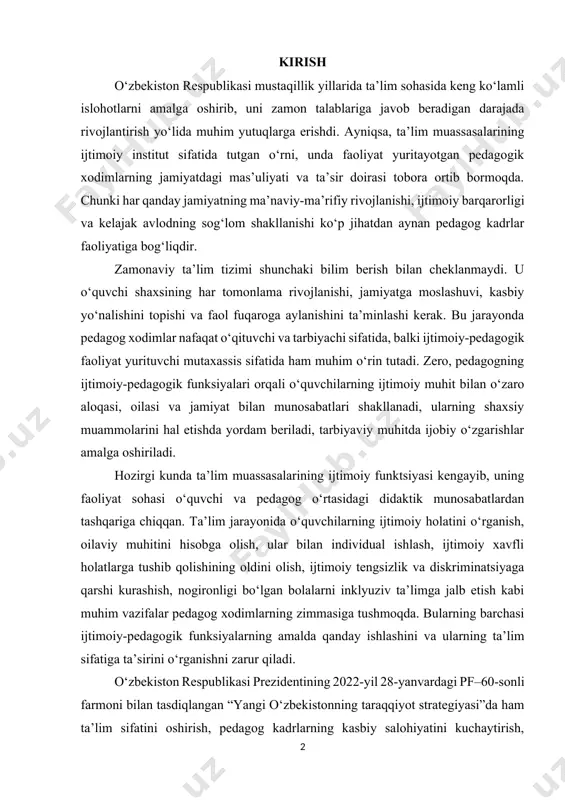 jarayonda pedagog xodimlar nafaqat o‘qituvchi va tarbiyachi sifatida, balki ijtimoiy-pedagogik faoliyat yurituvchi mutaxassis sifatida ham muhim o‘rin tutadi. zero, pedagogning ijtimoiy-pedagogik funksiyalari orqali o‘quvchilarning ijtimoiy muhit bilan o‘zaro aloqasi, oilasi va jamiyat bilan munosabatlari shakllanadi, ularning shaxsiy muammolarini hal etishda yordam beriladi, tarbiyaviy muhitda ijobiy o‘zgarishlar amalga oshiriladi. hozirgi kunda ta’lim muassasalarining ijtimoiy funktsiyasi kengayib, uning faoliyat sohasi o‘quvchi va pedagog o‘rtasidagi didaktik munosabatlardan tashqariga chiqqan. ta’lim jarayonida o‘quvchilarning ijtimoiy holatini o‘rganish, oilaviy muhitini hisobga olish, ular bilan individual ishlash, ijtimoiy xavfli holatlarga tushib qolishining oldini olish, ijtimoiy tengsizlik va diskriminatsiyaga qarshi kurashish, nogironligi bo‘lgan bolalarni inklyuziv ta’limga jalb etish kabi muhim vazifalar pedagog xodimlarning zimmasiga tushmoqda. bularning barchasi ijtimoiy-pedagogik funksiyalarning amalda qanday ishlashini va ularning ta’lim sifatiga ta’sirini o‘rganishni zarur qiladi. o‘zbekiston respublikasi prezidentining 2022-yil 28-yanvardagi pf–60-sonli farmoni bilan tasdiqlangan “yangi o‘zbekistonning taraqqiyot strategiyasi”da ham ta’lim sifatini oshirish, pedagog kadrlarning kasbiy salohiyatini kuchaytirish, ularning ijtimoiy mavqeini ko‘tarish dolzarb vazifa …