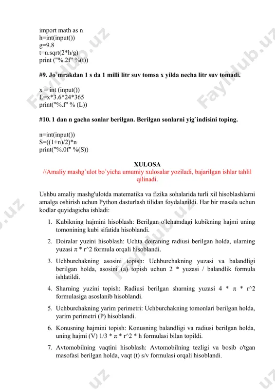 do bo'ldi. · masalalar yechimi: har bir masala oddiy va amaliy hisoblashlarga asoslangan, shuning uchun ular kundalik hayotdagi fizik va matematika muammolarini dasturlash yordamida hal etishga qaratilgan.