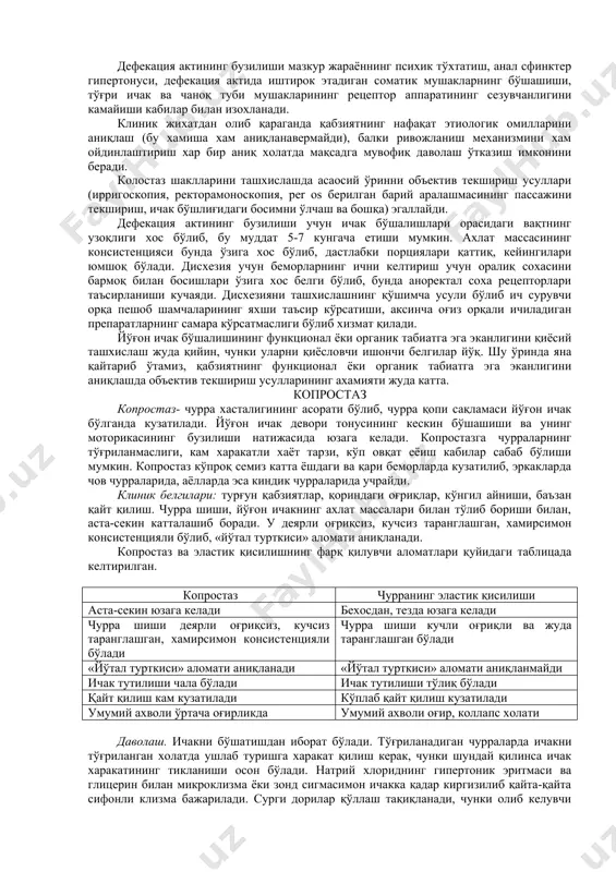 касалликларда анал сфинктер спазми билан кечуви қабзиятларга айтилади. соматик мушакларнинг бўшашишида учрайдиган қабзият. гиподнамия, гипотрофия ва кахексия, қорин олд девори, диафрагма ва оралиқ чурраларида кузатилади. эндокрин қабзият. гипотиреоз, гиперпаратириоз, гипокортицизим, қандли диабет, хомиладорлик ва климакс каби эндокрин бузилишлар билан характерланади. токсик қабзият. экзоген захарланишлар (қўрғошин, симоб билан сурункали захарланиш) да ва бир қатор дори препаратлари (анестетиклар, нейролептиклар, миорелаксантлар, опиатлар, диуретиклар, антибиотиклар ва сульфаниламидлар ва х.) ни қўллаш орқали юзага келган қабзиятга айтилади. механик тўсиқ орқали юзага келган қабзият. ичак сақламасининг харакатланишига тўсиқ: йўғон ичак ўсмалари ва катта ўлчамдаги полиплар, яллигланишдан ва ташрихдан кейинги торайишлар, битишма касаллиги, ривожланиш нуқсонлари (мегаколон, долихоколон, колоноптоз, йўғон ичак дивертикуллари ва х.) бўлганда юзага келади. колостаз патогенези. колостаз патогенези жуда мураккаб. иккита асосий ривожланиш механизми фарқланади: а) йўғон ичак дискнезияси б) дефекация актининг бузилиши (дисхезия) йўғон ичак дискинезияси ичак қисқаришлари мувофиқлигининг ёки ичак тонусининг бузилиши билан ифодаланиб, унинг асосида йўғон ичак нерв бошқарилишининг ва гормонлар таъсирининг …