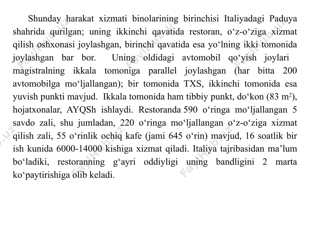 bo‘ladi (1-rasm); o‘rta, har 75 km da joylashadi, 80 o‘rinli motel, 80 o‘rinli restoran, ayqsh va 3-5 postli txs dan iborat bo‘ladi; kichik, har 30-35 km joylashadi, kemping, ayqsh, diagnostika va texnik yordam punktidan iborat bo‘ladi (2-rasm). 1-rasm. bxrdagi yirik harakat xizmati kompleksi loyihasi 1 – motel, restoran, do‘kon; 2 – ayqsh, kafe, ehtiyot qismlar do‘koni; 3 – benzokolonka qo‘yilgan yoqilg‘i quyish uchun to‘xtash joyi; 4 – texnik yordam avtomobillari qo‘yiladigan joy; 5 – texnik xizmat stansiyasi; 6 – yuk avtomobillarini qo‘yish joyi; 7 – bolalar maydonchasi; 8 – basseyn 26x12,5 m; 9 – dushxona; 10 –kichik basseyn; 11 – kafe bar; 12 – xo‘jalik hovlisi; r – yengil avtomobillar qo‘yish joyi. 2-rasm. bxrdagi kichik harakat xizmati kompleksi 1 – texnik yordam avtomobillari qo‘yiladigan joy; 2 – ayqsh, kafe, ehtiyot qismlari do‘koni; 3 – ma’muriyat binosi; 4 – chodirlar va avtomobillar uchun joy; 5 – dushxona va yuvinish xonasi; 6 …