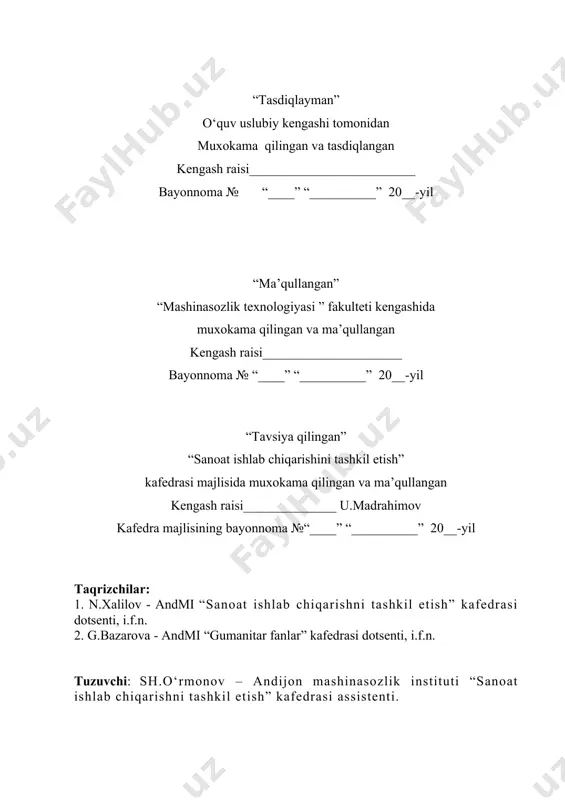 ziquvchi barcha shaxslar uchun mo‘ljallangan. taqrizchilar: 1. g.bazarova - andmi “ijtimoiy fanlar” kafedrasi dotsenti, i.f.n. 2. n.xalilov - andmi “sanoat ishlab chiqarishni tashkil etish” kafedrasi dotsenti, i.f.n. mundarija kirish……………………………………………………………………... i–mavzu. bozor, iqtisodiyot va biznes 1.1. bozor iqtisodiyoti, uning tamoyillari va o‘ziga xos xususiyatlari…………………………………………………………........ 1.2. biznes – bozor iqtisodiyotining ustivor sohasi……………………… 1.3. biznes va aholi bandligi………………………………………………… qisqa xulosalar…………………………………………………………... muhokama va nazorat savollari……………………………………… … tavsiya etiladigan adabiyotlar…………………………………………… 2– mavzu. bozor sharoitlarida rejalashtirish va bashorat qilish 2.1. bozor sharoitlarida rejalashtirish va bashorat qilishning ob’ektiv zarurati.………………………………………………………................... 2.2. rejalashtirish va bashorat qilishning maqsad va vazifalari……….. 2.3. rejalashtirish va bashorat qilishning normativ asoslari…………... qisqacha xulosalar……………………………………………………….. muhokama va nazorat savollari……………………………..................... tavsiya etiladigan adabiyotlar…………….……………………………... 3–mavzu. korxona faoliyatida biznes – rejalashtirish 3.1. korxona va uning ishlab chiqarish faoliyati rejalashtirishning ob’ekti sifatida…………………………………………………………. 3.2. bozor sharoitlarida korxona faoliyatini tartibga solish va rejalashtirish……………………………………………………………. 3.3. biznesning axborot asoslari……………………………………………. qisqa xulosalar…………………………………..………………………. muhokama va nazorat savollari………………..……….……………….. tavsiya etiladigan adabiyotlar…………………………………………… 4–mavzu. korxonaning biznes – rejasi 4.1. …