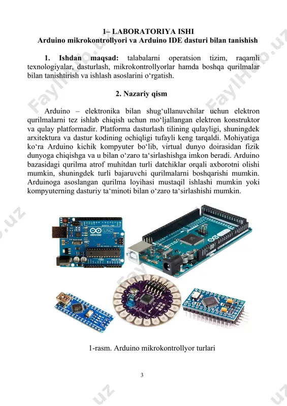 irlashishga imkon beradi. arduino bazasidagi qurilma atrof muhitdan turli datchiklar orqali axborotni olishi mumkin, shuningdek turli bajaruvchi qurilmalarni boshqarishi mumkin. arduinoga asoslangan qurilma loyihasi mustaqil ishlashi mumkin yoki kompyuterning dasturiy ta‘minoti bilan o‘zaro ta‘sirlashishi mumkin. 1-rasm. arduino mikrokontrollyor turlari arduino uno atmega328 mikrokontrollyoriga asoslangan bir nechta (mega, mikro, nano, lilypad va boshqalar) ishlab chiqarish platalaridan biridir. u asosan qoʻllanish sohasi kengligi va universalligi tufayli keng tarqalgan. arduino unoda 14 ta raqamli kirish-chiqish portlari mavjuddir. shuningdek oltita kiruvchi analog porti mavjuddir. 16 mhz li generator, usb port, ta‘minot manbaiga ulovchi shtekkeri, tozalash tugmasi va boshqa mikrokontrollyorlar bilan birgalikda ishlash uchun moʻljallangan icsp shtekkeri mavjuddir. arduino bilan ishlashni boshlash uchun arduino.cc saytiga kirish va download bo‘limidan arduino ide dasturini ko‘chirib olish kerak. bu ishlarni bajarishdan oldin kompyuterdagi operatsion tizim haqida ma‘lumotga ega bo‘lish kerak. istalgan brauzer yordamida quyidagi manzil qatorini kiritish kerak: https://www.arduino.cc/en/main/software yuklash uchun operatsion tizimga mos keluvchi dasturlardan birini tanlash …
