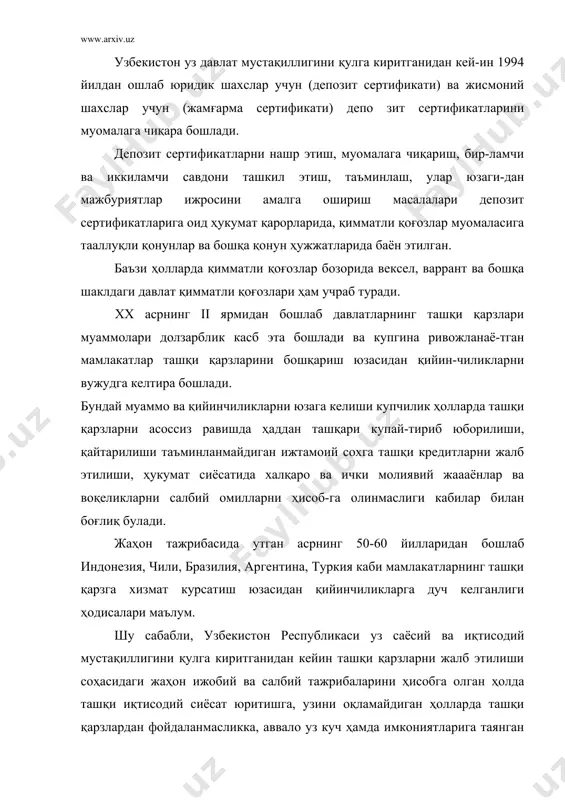 2365,0 2746,0 3251,0 4573,0 узоқ муддатли қарз 60 940 953 1576 2273 2327 3105 3947 қисқа муддатли қарз 0 92 291 212 92 419 147 626 кафолатланган қарз 60 940 953 1418 1977 2013 2574 3,421 кафолатланмаган қарз 0 0 0 0 59 91 298 325 қарзга хизмат курсатиш 30,0 132,0 228 280 484 353 513 қарзга хизмат курсатиш коэффиценти - 1 4,6 6,4 7,5 12,7 11,2 17,9 ташҳи қарз ва ялпи ички маҳ-сулот нисбати 0,3 4,7 5,9 8,1 10,2 11,4 15,6 17,9 жами қарз карзга ннсбатан фоизларда узоқ муддатли карз 100 91,1 76,6 88,2 96,1 84,7 95,5 86,3 кафолатланган қарз 91,1 76,6 79,3 83,6 73,3 79,2 74,8 кафолатланмаган қарз 0 0 0 0 2,5 3,3 9,2 7,1 узбекистон республикасига чет элдан маблағлар ва инвестициялар жалб этшшинг хуқуқий негизлари яратилган булиб, улар узбекистон республикасининг 1996 йил 29 августдаги "хориждан маблағ жалб қилиш туғрисида"ги 1998 йил 30 апрелдаги "чет эл инвестициялари …