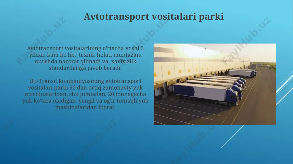 ariga qatʼiy rioya qilishni taʼminlaydi, bu esa 98% muvaffaqiyat koʻrsatkichiga olib keladi. kompaniya tarixi va rivojlanishi uti-transit, elektron tijorat integratsiyasi orqali 20% ga samaradorligini oshirdi va xizmat ko'rsatish muddatlarini o'rtacha 15% ga qisqartirdi. uti-transit kompaniyasi 2005-yilda tashkil topgan bo'lib, dastlabki yillarida 5 ta yuk mashinasi bilan faoliyat boshlagan va keyinchalik flot hajmini 100 dan oshirib, logistika bozorida o'z o'rnini mustahkamladi. ichki yuk tashishlar kompaniya ichki yuk tashishlarida xavfsizlikni ta'minlash uchun, yuklarni sug'urtalash va maxsus tayyorgarlikdan o'tgan haydovchilarni jalb qilish kabi choralarni qo'llaydi, bu esa yuklarning 99% xavfsiz yetkazilishini ta'minlaydi. uti-transit kompaniyasi ichki yuk tashishlarida 500 dan ortiq transport vositasidan foydalanadi, bu esa yiliga 10 000 tonnadan ortiq yukni yetkazish imkonini beradi. logistika infratuzilmasi kompaniya 3 ta yirik shaharda strategik joylashgan tarqatish markazlariga ega bo'lib, bu esa mijozlarga tezkor va samarali yetkazib berishni ta'minlaydi, o'rtacha yetkazib berish muddati 24-48 soatni tashkil etadi. uti-transit kompaniyasining logistika infratuzilmasi 5000 kvadrat metrdan ortiq ombor …