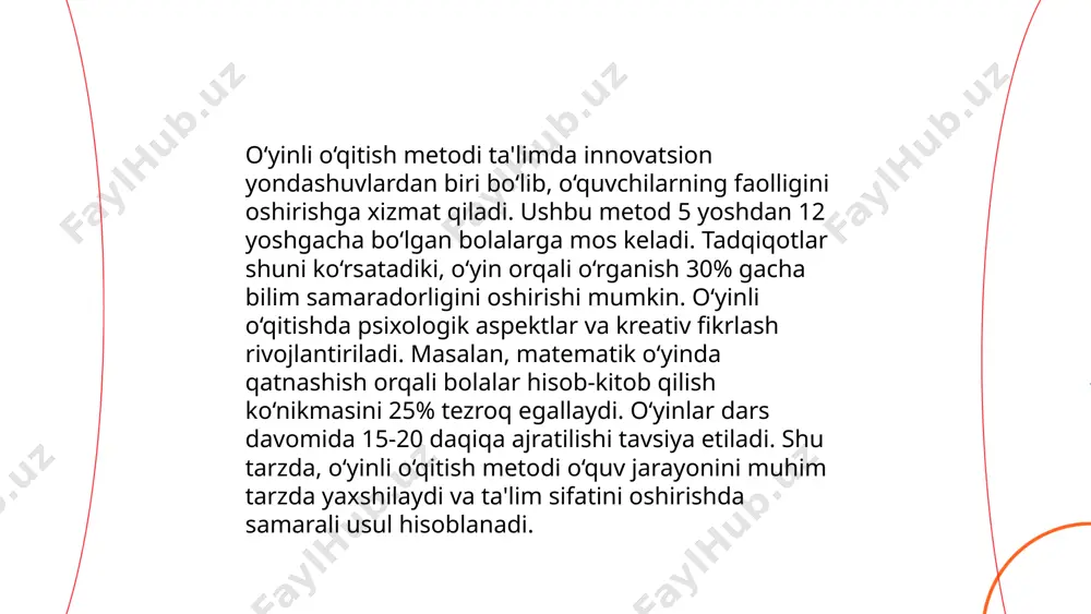 turli mezonlar o‘lchanadi. differensial yondashuv mashinalarni o‘rganish, optimizatsiya va avtomatlashtirish sohalarida ham qo‘llaniladi, bu esa, zamonaviy texnologiyalarning rivojida muhim omil hisoblanadi. ... t.me/slaydai_bot interfaol ta'lim zamonaviy ta'lim jarayonlarida muhim o'rin tutadi. bu yondashuvda texnologiyalar orqali o'quvchilar va o'qituvchilar o'rtasida ijobiy muloqot tashkil etiladi. interfaol ta'lim dasturlari o'quvchilarning darslarga bo'lgan qiziqishini 25% ga oshirishi mumkin. shu bilan birga, turli platformalar orqali interfaol materiallarni ishlab chiqish tajribali mutaxassislar tomonidan amalga oshiriladi. o'quvchilar ushbu texnologiyalar yordamida 30% gacha yaxshiroq natijalar ko'rsatishi mumkin. interfaol ta'lim muhitida o'quvchilarning individual qobiliyatlari ham qo'llab-quvvatlanadi, bu esa ularning umumiy bilim saviyasi va ijodiy fikrlash qobiliyatlarini rivojlantiradi. ... t.me/slaydai_bot 10. amaliy mashg'ulotlar 10. amaliy mashg'ulotlar mavzusi doirasida talabalarning malakasini oshirishga qaratilgan amaliy darslar kiradi. ushbu mashg'ulotlar orqali talabalar nazariy bilimlarini real hayotiy vaziyatlarda qo‘llashni o‘rganadilar. darslar davomida talabalar laboratoriya ishlari, tajribalar, texnikalar va maxsus uskunalar bilan tanishadilar. amaliy mashg‘ulotlar talabalarning tahlil qilish, muammo hal qilish qobiliyatlarini rivojlantiradi. mashg‘ulotlar odatda …