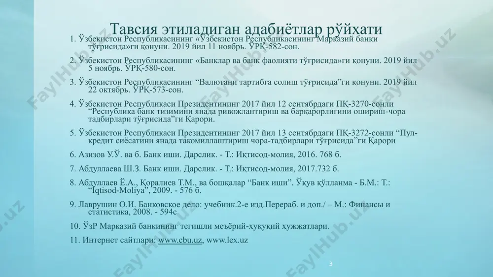 лкини (кўчмас мулк, қимматли қоғозлар, ҳисобрақамдаги маблағлар) бошқариш ёки ушбу мулкка доир айрим махсус топшириқларни бажариш орқали комиссион тўловлар шаклида келтиради. траст шартномаларида мижоз келишувга мувофиқ тарзда банкка мулкларни бошқариш эвазига маълум фоиз ваъда қилади. кафолат ва кафиллик хизматлари учун олинадиган даромадлар – комиссион тўловлари асосида тушади. банк мижозларга кредитларини олиш учун ёки ҳисоб-китобларни амалга ошириш учун икки хил кафолат беради: – мижознинг тўлов мажбурияти бўйича бериладиган кафолат – мижоз томонидан етказиб бериладиган товарларнинг сифати юзасидан бериладиган кафолат 9 1. тижорат банкларининг даромадлари маблағларни депозитларга жалб қилиш ва уларнинг ҳисобини юритиш билан боғлиқ фаолият. ушбу операциялар қуйидаги шаклларда даромад келтириш имконини беради: * комиссион тўловлар; * ҳисобрақам очиш учун; * ҳисобрақам юритиш учун; * маълум давр учун ўзгарувчан тўлов; * оборотдан комиссион ҳақ(оборотдан фоиз шаклида); * ҳисобрақамда бўлган операциялар ҳақида кўчирма; * ҳисобрақамни ёпиш; * нақд пул бериш ёки ҳисоб-китоб бўйича операцияларни амалга ошириш. 10 1. тижорат банкларининг даромадлари ноанъанавий …