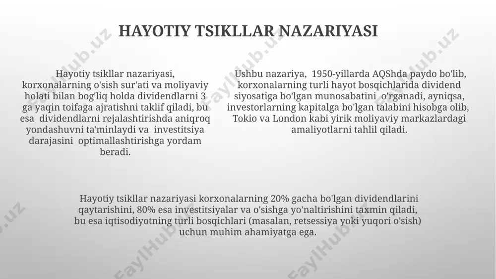 asini dividendlarga yo'naltirishni 1960-yillardagi aqsh bozorlaridagi tadqiqotlar orqali asoslaydi. ushbu nazariya, 10% dan kam foyda olgan kompaniyalar dividendlarni cheklash, yuqori daromad olish uchun reinvestsiya qilish strategiyasini qo'llashi kerakligini ta'kidlaydi. e'tiboringiz uchun rahmat @taqdimot_robot image1.png image2.png image3.png