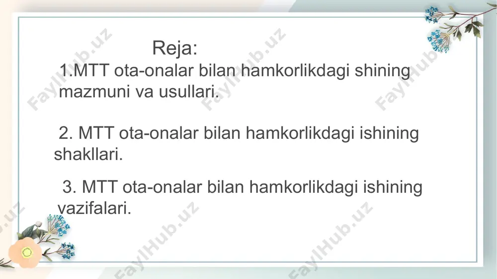 sh uchun xonani jihozlashga yordam berishlari mumkin. bundan tashqari maktabgacha ta’lim tashkilotida psixologik xizmat ham tashkil etilgan bo‘lib, psixologik xizmat maktabgacha ta’lim tizimining muhim tarkibiy qismi hisoblanadi. psixologik xizmat mutaxassislari barcha muammolarni hal qilishda har qaysi shaxs (pedagog, bola, ota-ona) manfaati va uning har tomonlama garmonik rivojlanishidan kelib chiqqan holda yondoshadi. mtt xodimlarini ota-onalar va oila bilan hamkorlikdagi ishlarining eng keng tarqalgan shakllaridan bir qanchasini keltiramiz: 1.ota-onalar bilan yakkama-yakka ishlash. ilg'or pedagogik tajribalarning ko'rsatishicha, ishning bu turi katta ahamiyatga ega. bunda tarbiyachi oila va bolaning shaxsiy xususiyatlarini o'rganib ularni o'zining tarbiyaviy ishida hisobga oladi. mttlar tajribasida otaonalar bilan yakkama-yakka olib boriladigan ishlarning turli xil shakllari aniqlangan; oilaga tarbiyachining borishi, ota-onalar uchun suhbat o'tkazish, ularga maslahatlar berish, otaonalarning mtt hayoti bilan tanishishlari. 2. ota-onalar bilan jamoa tarzida tashkil qilinadigan ishlar.bular ota-onalarning guruhiy va umumiy majlisi, ota-onalar maktabi, anjumanlar, shanbaliklar, savol-javob kechalari. 3.ko'rsatmali ishlar. ishning bu turi ko'rgazmali, bolalarning ishlarini namoyish qilish, …