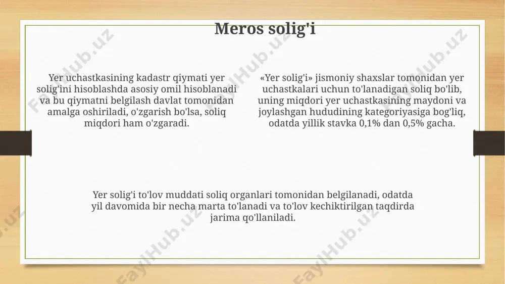 k deklaratsiyani belgilangan muddatlarda topshirishlari shart, aks holda jarima va sanktsiyalar qo'llanilishi mumkin. masalan, kechikish uchun qo'shimcha 10% jarima undirilishi mumkin. foyda solig'i, daromadning 12% dan 25% gacha bo'lgan qismini tashkil etadi va bu stavka daromad miqdoriga bog'liq holda belgilanadi, ya'ni daromad yuqori bo'lsa, soliq stavkasining yuqori bo'lishi mumkin. foyda solig'ini to'lashdan ozod qilingan turli xil imtiyozlar va chegirmalar mavjud, masalan, xayriya ishlariga qilingan xayriya mablag'lari yoki ta'lim xarajatlarining bir qismi soliqdan chegirib tashlanishi mumkin. soliq qonunchiligi va nazorati soliq toʻlovchilarning 2023-yil uchun deklaratsiyalarni topshirish muddati 1-apreldan 1-iyulgacha uzaytirildi, bu 150 mingdan ortiq fuqarolarga taalluqli. davlat soliq xizmati tomonidan 2022-yilda soliq qonunchiligini buzganlik uchun 5000 dan ortiq korxona va shaxslarga jarima solingan, umumiy miqdori 10 milliard soʻmdan oshadi. yakka tartibdagi tadbirkorlar uchun soliq stavkasi 2024-yildan boshlab 7% dan 8% gacha oshiriladi, bu kichik biznes sub’ektlariga ta’sir koʻrsatadi. e'tiboringiz uchun rahmat @taqdimot_robot image3.png image4.png