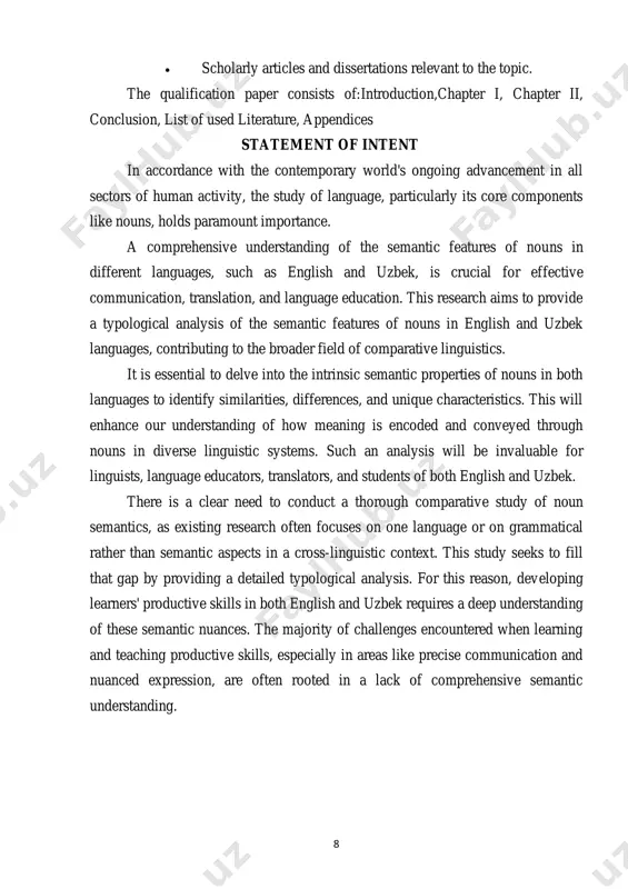 ing is encoded and conveyed through nouns in diverse linguistic systems. such an analysis will be invaluable for linguists, language educators, translators, and students of both english and uzbek. there is a clear need to conduct a thorough comparative study of noun semantics, as existing research often focuses on one language or on grammatical rather than semantic aspects in a cross-linguistic context. this study seeks to fill that gap by providing a detailed typological analysis. for this reason, developing learners' productive skills in both english and uzbek requires a deep understanding of these semantic nuances. the majority of challenges encountered when learning and teaching productive skills, especially in areas like precise communication and nuanced expression, are often rooted in a lack of comprehensive semantic understanding. 9 chapter i - literature review on the problems of grammatical categories as a researcher, our focus will be on exploring the development of productive …