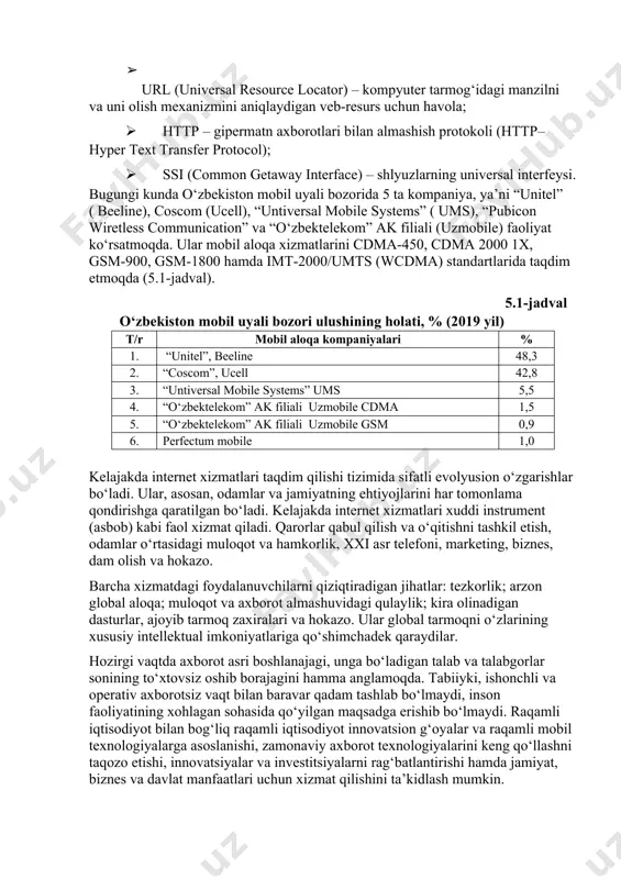 a a’zolariga yoki ma’lum mualliflarga yuborilishi mumkin; · elektron pochta (e-mail) eng ko‘p tarqalgan internet xizmati bo‘lib, istagan tarmoq abonentini pochta xabarlari bilan o‘zaro muloqotda bo‘lib turishini ta’minlaydi. elektron pochtaning xarakterli xususiyatlari shuki, xabar oluvchiga bir necha minut davomida yetib boradi. bunda masofa hech qanday rol o‘ynamaydi. odatiy xatlar esa oluvchiga bir necha kun, hattoki, haftadan keyin yetib borishi mumkin; whais – internetning adres kitobi. uning yordami bilan abonent uzoqdagi kompyuterga va foydalanuvchilarga tegishli axborotlarni olishi mumkin. yuqorida keltirilgan tarmoqdagi abonentlararo axborot almashuvi xizmatlaridan tashqari mobil texnologiyasi ba’zi bir o‘ziga xos xizmat turlarini ham taqdim qilishi mumkin, masalan: · faks-servis-tarmoq faks serveridan foydalanib, foydalanuvchiga faksimal aloqa orqali xabarlar jo‘natish imkonini beradi; · elektron tarjimon o‘ziga yuborilgan matnni bir tildan ikkinchi tilga tarjima qilib beradi. bunda elektron tarjimonga murojaat etish elektron pochta orqali amalga oshiriladi; · shlyuzlar – abonentga tcp/ip protokollari bilan ishlamaydigan tarmoqda xabarlarni jo‘natish imkonini beradi. ikkinchi darajali xizmatlarga, …