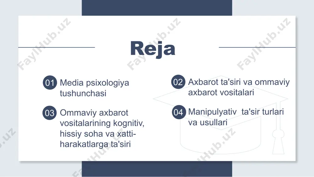 adi. masalan, fojiali voqealar haqida xabarlar, yoki ijtimoiy reklama kampaniyalari odamlarning his-tuyg'ularini uyg'otadi. qo'rquv va tashvishni kuchaytirish: ommaviy axborot vositalari, ayniqsa, yangiliklar, tez-tez salbiy va tahdid soluvchi axborotlarni taqdim etadi. bu esa, odamlarning qo'rquv va tashvish hissini kuchaytirishi mumkin. xatti-harakatlar: xarid qilish xatti-harakatlari: ommaviy axborot vositalari, ayniqsa, reklamalar, odamlarning xarid qilish xatti-harakatlariga kuchli ta'sir ko'rsatadi. siyosiy faollik: ommaviy axborot vositalari odamlarning siyosiy faolligini oshirish yoki kamaytirishga ta'sir qilishi mumkin. ijtimoiy xatti-harakatlar: ommaviy axborot vositalari odamlarning ijtimoiy xatti-harakatlariga, masalan, ularning boshqalarga munosabatiga va o'zaro muloqotga qanday ta'sir qilishini ko'rsatadi. ommaviy axborot vositalari jamiyatga turli xil xizmatlar ko'rsatadi. jumladan: ✓axborotga kirish: ✓ta'lim: ✓madaniy boylik: ✓ijodiy ifoda: ommaviy axborot vositalarining salbiy ta'sirlari ham mavjud. ular: ✓zo'ravonlikni targ'ib qilish: ✓sohta yangiliklar va dezinformatsiya: ✓shaxsiy hayotni buzish: manipulyativ ta'sir - bu odamlarning xatti-harakatlarini, fikrlashini yoki his-tuyg'ularini o'z manfaati uchun nazorat qilishga qaratilgan yashirin usuldir. . ✓ijtimoiy: ✓ommaviy axborot vositalari: ✓psixologik: manipulyativ ta'sir turlari manipulyativ ta'sir …