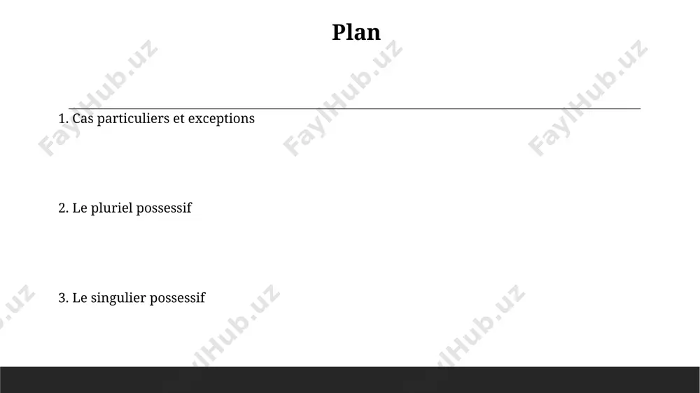trairement aux pronoms possessifs, les adjectifs possessifs fonctionnent comme des déterminants, précédant toujours le nom et modifiant son sens de possession, affectant 1 à plusieurs possesseurs. la règle générale du pluriel l'exception concerne l'adjectif "son/sa/ses" qui, bien qu'indéterminé, varie selon le genre et le nombre (ses, leurs), et ce malgré la règle générale pour les adjectifs possessifs. il est important de noter cette nuance dans l'application de la règle du pluriel. la règle générale est que les adjectifs possessifs pluriels, au nombre de sept (my, your, his, her, its, our, their), ne prennent aucune marque grammaticale supplémentaire pour indiquer le pluriel ; leur accord se fait uniquement par le nombre du nom qu'ils possèdent erreurs fréquentes à éviter n'ajoutez pas d'apostrophe aux adjectifs possessifs pluriels. "nos voitures" est correct, "nos' voitures" est incorrect. ceci est une erreur courante affectant au moins 10% des apprenants. méfiez-vous de la confusion entre les …