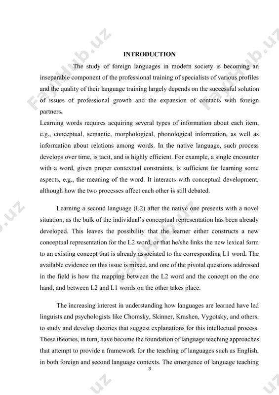 ices of wealthy people. then, it was learned due to the necessity of survival in wartime and as an academic requirement. times changed and language learning passed from being a privilege, survival mechanism, or an academic requirement for some people to become a practice for any person who wanted to learn a second/foreign language. decree of the president of the republic of uzbekistan dated february 7, 2017 no. pp-4947 “on the strategy for the further development of the republic of uzbekistan”, dated april 20, 2017 no. pp-2909 “on measures to further improve the system of higher education” resolution of the cabinet of ministers of the republic of uzbekistan dated august 8, 2017 no. pf-4958 “on measures to further improve postgraduate education” dated february 16, 2017. this master's thesis to a certain extent contributes to the implementation of the tasks set out in the resolution “on measures to further improve the …
