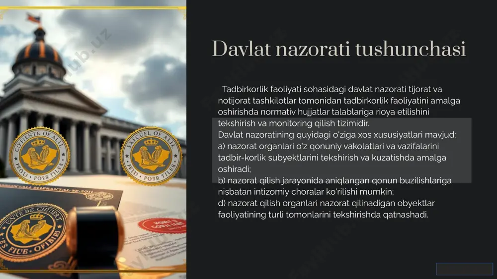 vlat nazoratining xususiyoti va faoliyatga ta'siri byurokratik talablar nazorat ko‘pincha byurokratik jarayonlar bilan chambarchas bog‘liq bo‘lib, vaqt va resurslarni talab qiladi. faoliyatni tartibga solish qonuniy cheklovlar va standartlar korxonalar ish yurishini shakllantiradi, xatoliklarga yo‘l qo‘ymaslik kerak. moliyaviy va jinoiy javobgarlik qoidabuzarliklar davlat tomonidan moliyaviy jarima yoki jinoiy javobgarlik bilan ta'qib qilinadi. 8 davlat nazoratida huquqiy asoslar 1 o‘zbekiston konstitutsiyasi fundamental qonun bo‘lib, davlat nazoratining asosiy printsiplarini belgilaydi. 2 fuqarolik kodeksi xo‘jalik yurituvchi subyektlarning huquqiy maqom va majburiyatlarini belgilaydi. 9 9-modda. tekshirishlarni o‘tkazish uchun asos maxsus vakolatli organ yoki uning tegishli hududiy bo‘linmasi tomonidan berilgan, xo‘jalik yurituvchi subyektlar faoliyatini tekshirishni o‘tkazishning muvofiqlashtiruvchi rejasidan ko‘chirma;nazorat qiluvchi organning muvofiqlashtiruvchi reja asosida chiqarilgan, tekshirish maqsadi, tekshiruvchi mansabdor shaxslarning tarkibi va tekshirishni o‘tkazish muddatlari ko‘rsatilgan buyrug‘i.prokuratura, ichki ishlar va davlat xavfsizlik xizmati organlari tomonidan xo‘jalik yurituvchi subyektlar faoliyatini tekshirish uchun qo‘zg‘atilgan jinoiy ish mavjudligi asos bo‘ladi. bunda tekshiruvga xo‘jalikyurituvchi subyektning faqat qo‘zg‘atilgan jinoyat ishi bilan …
