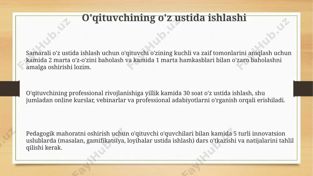 i va akademik natijalarni 10-15% ga oshiradi. innovatsion faoliyatning mohiyati innovatsion faoliyat yangi pedagogik texnologiyalarni (masalan, 5 ta turli o'quv dasturini) qo'llash, o'quv jarayonini 30% ga samaradorligini oshirishga qaratilgan faoliyatdir. innovatsion faoliyat samaradorligini baholashda, o'quvchilarning bilim va ko'nikmalarini rivojlantirish, shuningdek, o'quv jarayoniga 10 ta yangi elementni qo'shish orqali o'zgarishlarni o'rganish muhimdir. o'qituvchining innovatsion faoliyati, kamida 2 yil davomida o'quvchilarda bilim darajasini 15% ga oshirishga yordam beradigan yangi uslublar va yondashuvlarni joriy etishni o'z ichiga oladi. e'tiboringiz uchun rahmat @taqdimot_robot image3.png image4.png