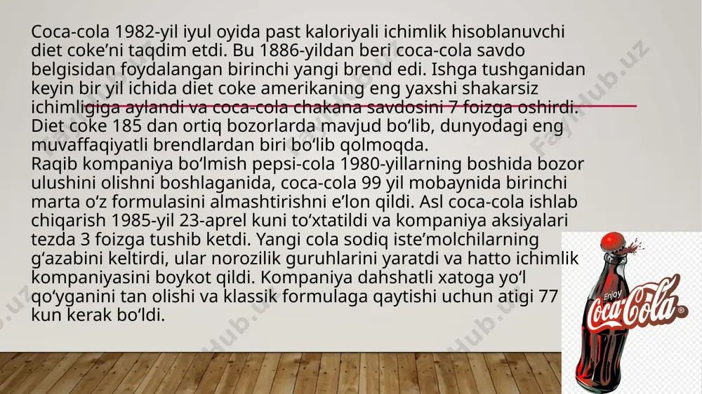 yildan oshiq vaqt mobaynida ishlab chiqarilgan barcha coca-cola shishalariga quyilib bir satrda joylashtirilgan holda sayyoramizning atrofidagi orbita o’rab chiqilsa, u yerni 4334 marta o’rab chiqadi. darvoqe, bunday zanjir oyga 1045 marta borib qaytib kelar edi. 5. agar siz coca-cola quyilgan chuqur likopchaning ichiga steykni solib qo’ysangiz, ikki kun o’tib uni topa olmaysiz: u butunlay erib ketadi. coca-cola kompaniyasi haqida 10 ta qiziqarli ma’lumot 6. 1989 yilda coca-cola moskvadagi pushkin maydonida o’z brendini reklama qiluvchi birinchi horijiy kompaniya edi. 7. coca-cola olimpiya o’yinlarining eng davomiy xomiysi. coca-colaning olimpiya harakati bilan hamkorligi 1928 yilda boshlangan. 8. "coca-cola"ning1904-yilda chizilgan birinchi tashqi reklama taxtasi hali ham aqshning djordjiya shtatidagi kartersvill shaharchasidagi o’z joyida ilinib turibdi. 9. muammar kaddafiyning aytishicha, mashxur "coca-cola" ichimligining asl vatani liviya emish. 2006 yilda u xatto "coca-cola" kompaniyasidan ajratmalar ham so’ragan 10. agar barcha ishlab chiqarilgan coca-cola 180 santimetr chuqurligidagi havzaga to’ldirilsa, uning uzunligi 33 kilometrni tashkil qiladi va kengligi …