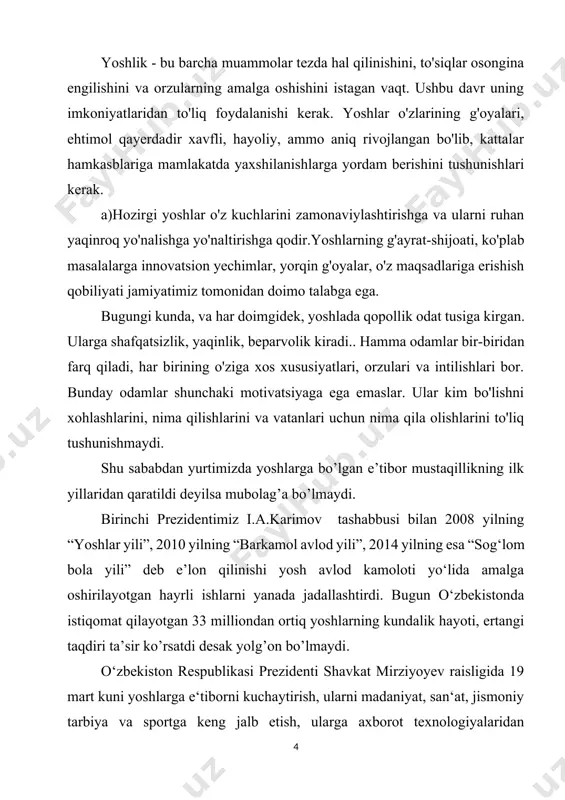oizini 14 yoshdan 30 yoshgacha bo‘lgan yigit-qizlar tashkil etadi. ularning ta‘lim olishi, kasb-hunar egallashi uchun keng sharoit yaratilgan. shu bilan birga, yoshlarning bo‘sh vaqtlarini mazmunli o‘tkazishni tashkil etish dolzarb masala hisoblanadi. yoshlar qanchalik ma‘naviy barkamol bo‘lsa, turli yot illatlarga qarshi immuniteti ham shunchalik kuchli bo‘ladi. ma‘lumki, davlatimiz rahbari ijtimoiy, ma‘naviy-ma‘rifiy sohalardagi ishlarni yangi tizim asosida yo‘lga qo‘yish bo‘yicha 5 ta muhim tashabbusni ilgari surgan edi. birinchi tashabbus – yoshlarning musiqa, rassomlik, adabiyot, teatr va san‘atning boshqa turlariga qiziqishlarini oshirishga, iste‘dodini yuzaga chiqarishga xizmat qiladi. ikkinchi tashabbus – yoshlarni jismoniy chiniqtirish, sport sohasida qobiliyatini namoyon qilishlari uchun zarur sharoitlar yaratishga yo‘naltirilgan. uchinchi tashabbus – aholi va yoshlar o‘rtasida kompьyuter texnologiyalari va internetdan samarali foydalanishni tashkil etishga qaratilgan. to‘rtinchi tashabbus – yoshlar ma‘naviyatini yuksaltirish, ular o‘rtasida kitobxonlikni keng targ‘ib qilish bo‘yicha tizimli ishlarni tashkil etishga yo‘naltirilgan. beshinchi tashabbus – xotin-qizlarni ish bilan ta‘minlash masalalarini nazarda tutadi. bir so‘z bilan aytganda, ushbu 5 …