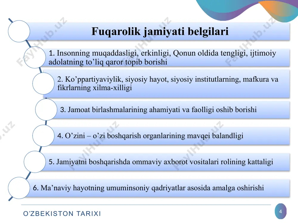 lq deputatlari kengashlariga 60 tadan ko’p bo’lmagan deputatlar 5 yilga saylanadi tuman va shahar kengashlariga 30 tadan ko’p bo’lmagan deputatlar 5 yil muddatga saylanadi viloyat va toshkent shahri hokimlari prezident tomonidan tayinlanadi va lavozimidan ozod etiladi tuman hokimlari viloyat hokimlari tomonidan tayinlanadi tuman tarkibidagi shahar hokimlari tuman hokimlari tomonidan tayinlanadi shahar tarkibidagi tuman hokimlari shu shahar hokimi tomonidan tayinlanadi (masalan toshkent shahridagi tumanlar) hamma hokimlar nomzodlari tegishli xalq deputatlari kengashlari tomonidan tasdiqlandi kinstitutsiyamizning 101-moddasiga binoan hokimlarning vakolat muddati 5 yil o’zbekiston tarixi o’zbekistonda ijtimoiy siyosatning ustuvor yo’nalishlari quyidagilardan iborat: 1. qashshoqlikni qisqartirish . 2. uy-joy kommunal xo’jaligini islox etish. 3. pensiya islohotlari. 4. ta’lim tizimini modernizatsiyalash. 5. aholi turmush darajasini oshirish. 6. ish bilan bandlikni muvofiqlashtirish. 7. sog’liqni-saqlash tizimini rivojlantirish. 8. samarali migratsion siyosat yurgizish. o’zbekiston respublikasidagi siyosiy partiyalar o‘zbеkiston xalq dеmokratik partiyasi o’zbekiston adolat sotsial-demokratik partiyasi o’zbekiston liberal-demokratik partiyasi o’zbekiston milliy tiklanish demokratik partiyasi o‘zbеkiston xalq dеmokratik partiyasiga (qisqacha …