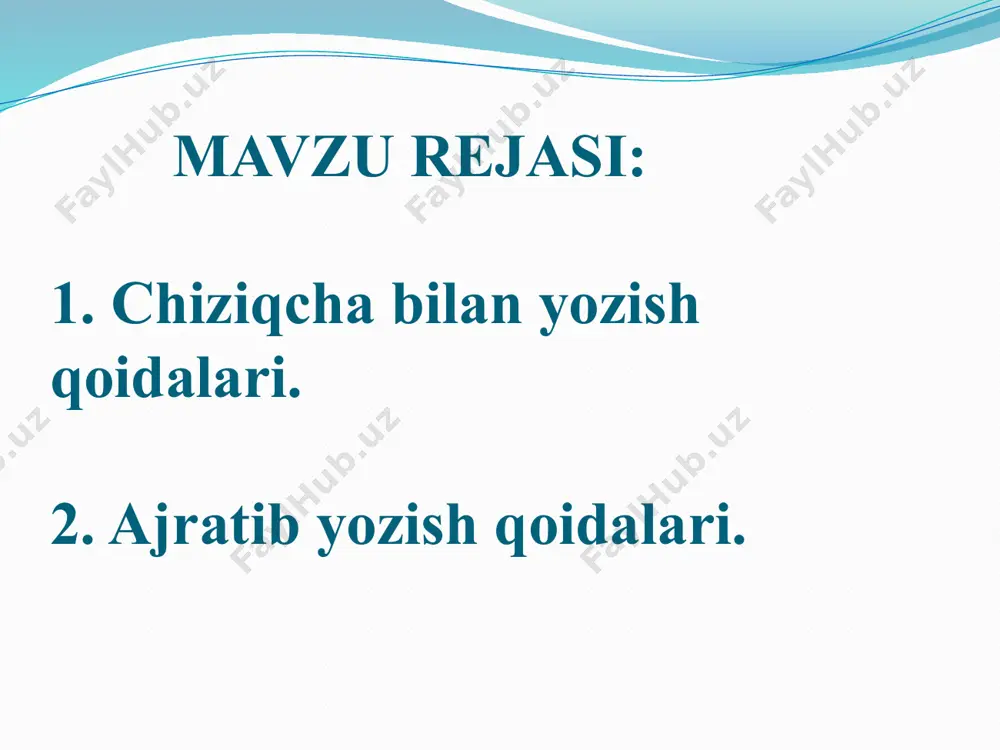 kunga kabi birliklar ham ajratib yoziladi. 7. nuqtayi nazar, tarjimayi hol, dardi bedavo kabi izofali birikmalar ham ajratib yoziladi. quyidagi so‘zlardan qaysilari qo‘shib, qaysilari ajratib, qaysilari chiziqcha bilan yoziladi,uch guruhga bo‘lib, ustuncha shaklida yozing: tomdan tomga, ko‘chama ko‘cha, och sariq, kunu tun, tog‘ olcha, olma qoqi, kuppa kunduzi, tekindan tekin, bir oz, qay kuni, ming oyoq, ot boqar, orom baxsh, uch-to‘rt, adi badi, o‘n yetti, chopa chopa, bilar ekan, oz oz, tabrik noma, yildan yilga qo‘shib yoziladi ajratib yoziladi chiziqcha bilan yoziladi tog‘olcha tomdan tomga ko‘chama-ko‘cha olmaqoqi och sariq kun-u tun biroz tekindan tekin kuppa-kunduzi mingoyoq qay kuni uch-to‘rt otboqar o`n yetti adi-badi orombaxsh bilar ekan chopa-chopa tabriknoma yildan yilga oz-oz e’tiboringiz uchun rahmat!!! /docprops/thumbnail.jpeg