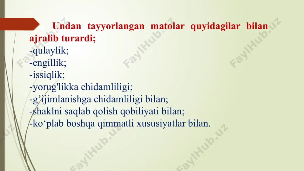 bo‘lgan kation bo‘yovchi moddalar bilan, juda tez reaksiyaga kirishishi oqibatida ravon rang olish qiyin bo‘lsada, bo‘yalib kelinmoqda. shu sababli akrilonitrilning gomopolimeridan tola olinmay, balki uning sopolimeridan tola olinadi. poliakrilonitril asosida olingan tolalar uchun bugungi kundagi eng asosiy yorqin rangli bo‘yoq modda sifatida kationli moddalar ishlatiladi. hozirgi paytda kation bo‘yovchi moddalar sifatida trifenilmetan asosidagi bo‘yoqlar, metinli va azotli bo‘yoqlar, antraxinon va medftalotsianindan olingan bo‘yoq moddalar ishlatilmoqda kation bo‘yovchi moddalar tasnifi. to‘qimachilik sanoatida asosan bo‘yoqlar yorqinligiga va tashqi ta’sirlarga nisbatan chidamliligiga, bundan tashqari fizik-kimyoviy tarkibiga qarab tanlab ishlatiladi. poliakrilonitril asosida olingan tolalar uchun bugungi kundagi eng asosiy yorqin rangli bo‘yoq modda sifatida kationli moddalar ishlatiladi. hozirgi paytda kation bo‘yovchi moddalar sifatida trifenilmetan asosidagi bo‘yoqlar, metinli va azotli bo‘yoqlar, antraxinon va medftalotsianindan olingan bo‘yoq moddalar ishlatilmoqda[42]. ko‘plab kation bo‘yovchi moddalar formulasi arn+r3x- ko‘rinishga ega bo‘lgan moddalar asosida tayyorlanadi. bunda r – alkil yoki aril guruhlarining qoldig‘i. zaryadlangan to‘rtinchi azot atomi geterotsiklik birikma tarkibiga …