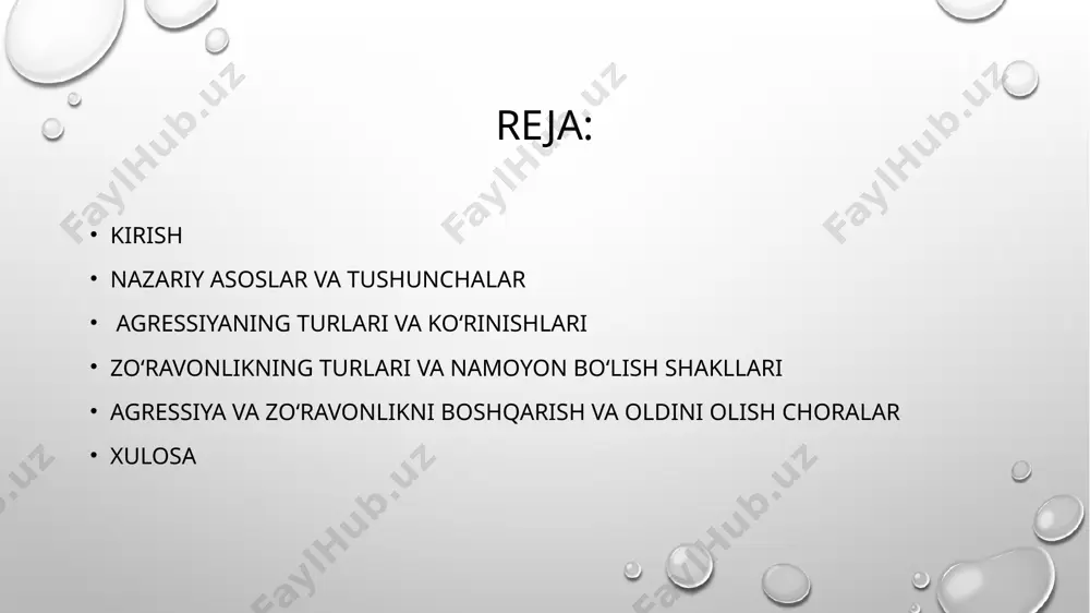 ish shaklida namoyon bo‘ladi. zo‘ravonlik ko‘rinishlari zarar yetkazish: zo‘ravonlikning asosiy xususiyati – boshqa shaxsga yoki guruhga jismoniy, ruhiy yoki moddiy zarar etkazishdir. qasddan bajarilish: ko‘pincha zo‘ravonlik rejalashtirilgan yoki nazorat ostida amalga oshiriladi, lekin impulsiv shaklda ham yuz berishi mumkin. agressiyaning turlari va ko‘rinishlari jismoniy agressiya tanaga to‘g‘ridan-to‘g‘ri zarar yetkazish (urish, zarba berish, itarish).odatda tezkor, impulsiv holatlarda yuz beradi. jamoat joylarida yuz beradigan jismoniy to‘qnashuvlar, ko‘cha janglari yoki sportdagi haddan tashqari raqobat. og‘zaki (verbal) agressiya haqorat, tahdid, kamsitish va qattiq so‘zlar orqali ifodalanadi.psixologik zarar yetkazish maqsadida amalga oshiriladi. oila a’zolari o‘rtasidagi so‘zma-so‘z janjallar, ijtimoiy tarmoqlardagi yolg‘on va haqoratli izohlar. agressiyaning turlari va ko‘rinishlari passiv-agressiv xatti-harakatlar ochig‘ ifoda etilmaydigan, biroq ichki norozilikni aks ettiruvchi hatti-harakatlar. o‘z his-tuyg‘ularini yashirish, noaniq tanqid yoki e’tiborsizlik ko‘rsatish. ish joyida rahbarning buyruqlariga qarshi yashirin norozilik, hamkasblarga nisbatan sovuqqon munosabat. ichki (o‘z-o‘ziga qarshi) agressiya inson o‘ziga nisbatan qilingan zararli hatti-harakatlar.o‘zini tazyiqlash, o‘z-o‘zini tanqid qilish va sabotaj qilish shaklida …