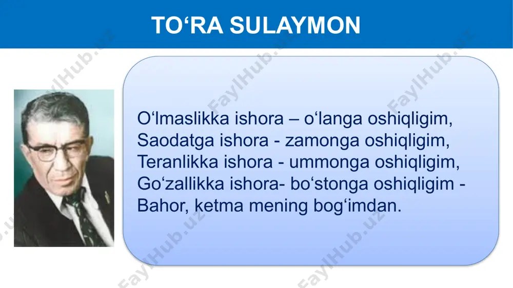 n vahm, qabul aylab tavallo – ohim, darig‘ tutmay mehring, ilohim, yig‘latmagin mushfiq onamni, volidayi muhtaramamni. o‘zingizga ma’qul kelgan she’rni yod oling. 2. “iltijo” she’ri­ni bandma-band tahlil qiling. 3. nima deb o‘ylaysiz, nega shoir onalar chindan-u, boshqalar yolg‘on yig‘laydi deb hisoblamoqda? 4. agarda siz onangiz haqida she’r yozganingizda, uni qanday ta’riflar edingiz? mustaqil bajarish uchun topshiriqlar: image1.jpeg image2.jpeg image3.jpeg image4.jpeg image5.jpeg image6.jpeg image7.jpeg image8.png image9.jpeg image10.jpeg