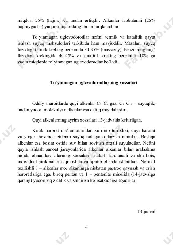 amlik naa seolitida quritiladi. 4. atsetilen va uning hosilalarini yo`qotish palladiyli yoki nikelkobalt xromli katalizator ishtirokida selektiv gidrirlash orqali amalga oshiriladi. 5. c2, c3, c4 fraksiyalarini ajratish va konsentrlangan alkenlarni olish. piroliz gazlarini tor uglevodorod fraksiyalariga ajratish va ulardan konsentrlangan alkenlarni ajratib olish rektefikatsiya yo`li bilan amalga oshiriladi. gaz ajratishning taxminiy sharoitlari va kalit juft komponentlarining o`rtacha nisbiy uchuvchanlik koeffitsienti (o`r quyidagi jadvalda keltirilgan. 15-jadval kalit juft komponentlarning o`rtacha nisbiy uchuvchanlik koeffitsientlari kalit komponentlar p, mpa t0, c ( o`rtacha yengil og`ir konden- satorda qaytar- gichda сн4 с2н4 3,43 -92,8 -7,8 5,3 с2н4 с2н6 2,06 -27,8 -5,6 1,48 с2н6 с3н8 2,06 -5,6 55,6 3,0 с3н6 с3н8 1,54 37,8 43,3 1,15 с3н8 izо-с4н10 1,37 37,8 82,2 2,06 с4н10 izо-с5н12 0,36 37,8 71,1 2,20 pirolizni tozalangan gazidan vodorod va metanni ajratib olish zamonaviy qurilmalarida quyi bosim ostidagi, quyi haroratli rektifikatsiya jarayoni ishlatiladi. jadval ma'lumotlaridan ko`rinib turibdiki, metan – etilen kalit qo`shaloq komponenti …