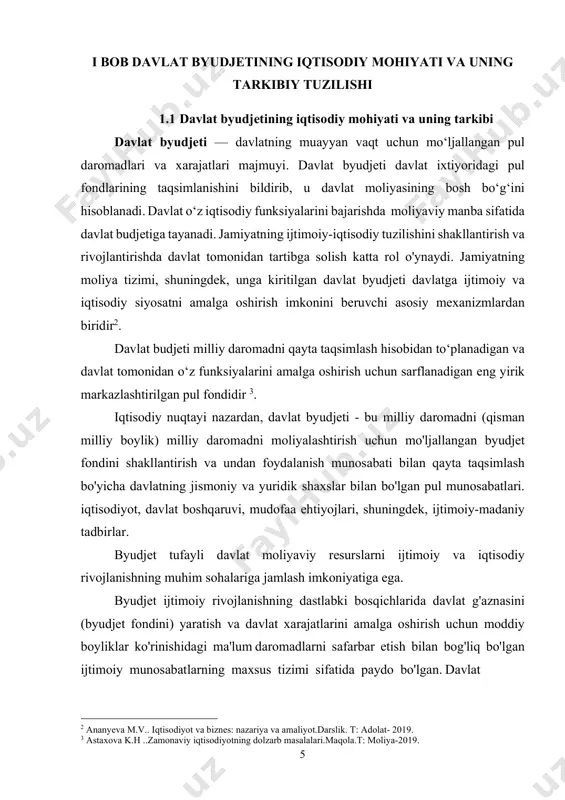 akllantirish va ulardan foydalanishni nazorat qilish. birinchi funktsiyani byudjet daromadlari bajaradi. byudjet daromadlari - bu davlat hokimiyati organlari ta'sis sub'ektlarining davlat hokimiyati organlari va mahalliy o'zini o'zi boshqarish organlari ixtiyorida bo'lgan bepul va qaytarib olinmaydigan mablag'lar. bularga quyidagilar kiradi: – davlat mulkidan (korxonalardan) olingan daromadlar; – tadbirkorlik sub’ektlari (ijtimoiy ishlab chiqarish jarayoni ishtirokchilari – yuridik va jismoniy shaxslar) daromadlaridan olinadigan soliqlar; - kreditlar, – qog‘oz pul muomalasidan olingan daromadlar. byudjet daromadlari tarkibi beqaror. bu davlat rivojlanishining o'ziga xos iqtisodiy sharoitlariga bog'liq. byudjet daromadlari tarkibidagi o'zgarishlar iqtisodiy jarayonlar bilan bog'liq bo'lgan o'zgarishlarni aks ettiradi. masalan, soliqlar va kreditlar o'rtasidagi nisbatning ikkinchisining ulushini oshirishga qarab o'zgarishi ishlab chiqarishning aniq pasayishini, iste'mol va jamg'arish o'rtasidagi nisbatning o'zgarishini aks ettiradi 4. davlat budjeti moliyaviy balans sifatida ikki qismdan iborat bo‘lib, bu qismlarni sodda qilib daromadlar va xarajatlar deb atash mumkin. davlat budjeti daromadlari soliq va soliq bo‘lmagan tushumlar hisobiga shakllansada, makroiqtisodiy tahlilda u soliqlar …