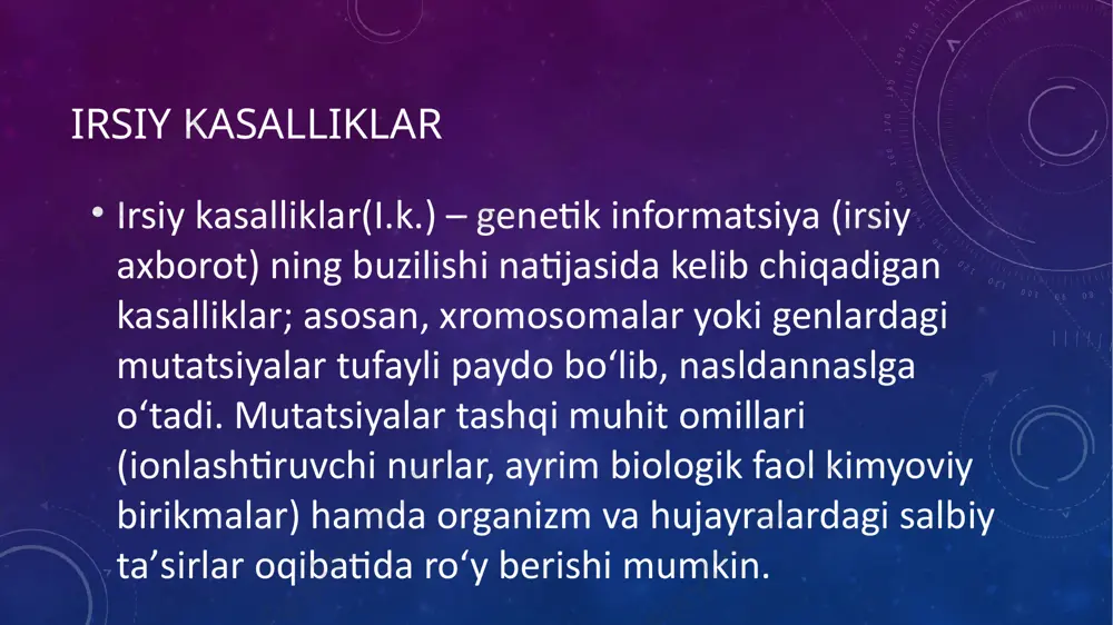 stit, adnek-sit va boshqa oqibatida kelib chiqishi, "suyak surishi" mumkin. koʻpincha boshning sochli qismi, tizza, tirsak va qoʻl-oyoq yuzasida paydo boʻladi. gen kasalliklari molekular darajadagi mutatsiyalar natijasida kelib chiqadi. hozirgi vaqtda ikki mingdan ortiq gen kasalliklari aniqlangan bolib, ularning soni tobora ortib bormoqda. bunday kasalliklar molekular kasalliklar deb ham ataladi. gen mutatsiyalari kopincha fermentlar faolligiga tasir qilganligi tufayli ferment topatiyalar deb ataladi. jumladan, aminokislotalar almashinuvi buzilishiga fenilketonuriyani misol qilib keltirish mumkin. u autosomali retsessiv tipda nasldan naslga òtadi. fenilalanin aminokislotasini parchalovchi fermentning yetishmasligiga olib keluvchi gen mutatasiyasi natijasida kelib chiqadi. gemofiliya , daltonizm , òroqsimon hujayrali kamqonlik , sindaktiliya , polidaktiliya , anoftalmiya , galaktozemiya , fruktozuriya kasalliklari gen mutatsiyalari natijasida kelib chiqishi aniqlangan . bazi kasalliklar bir emas, balki bir nechta genlar tasirida yuzaga chiqadi. bu holat polimeriya deyiladi. ularga gipertoniya kasalligi , podagra, ateroskleroz, qandli diabet kasalliklari misolboladi. bu xil dagi kasalliklar , agar qulay muhit sharoitlari yaratilsa …