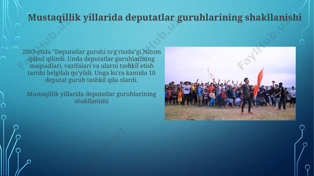 ni yanada mustahkamlashga yordam beradi. siyosiy partiyalar va saylov tizimi mustaqillik yillarida 5 ta siyosiy partiya ro'yxatdan o'tgan bo'lib, ular o'zbekiston siyosiy hayotida muhim rol o'ynaydi. saylov tizimi esa aralash tizim bo'lib, majoritar va proporsional elementlarni o'z ichiga oladi. siyosiy partiyalar va saylov tizimi oavning siyosiy jarayonlarga ta'siri oavning kuchayishi fuqarolik jamiyatining 65% ga ko'proq qatnashuvini ta'minladi, shu bilan birga siyosiy qarorlarni qabul qilish jarayonlarida nazoratni kuchaytirdi. siyosiy partiyalar oav vositalaridan 1990-yillardan beri o'z dasturlarini keng jamoatchilikka yetkazish, 70% gacha aholini xabardor qilish uchun foydalanmoqda. e'tiboringiz uchun rahmat @taqdimot_robot image3.jpg image4.jpg image5.jpg image6.jpg image7.jpg image8.jpg image9.jpg image10.jpg image11.jpg image12.jpg image13.jpg image14.jpg image15.jpg image16.jpg image17.jpg image18.jpg image19.jpg image2.png