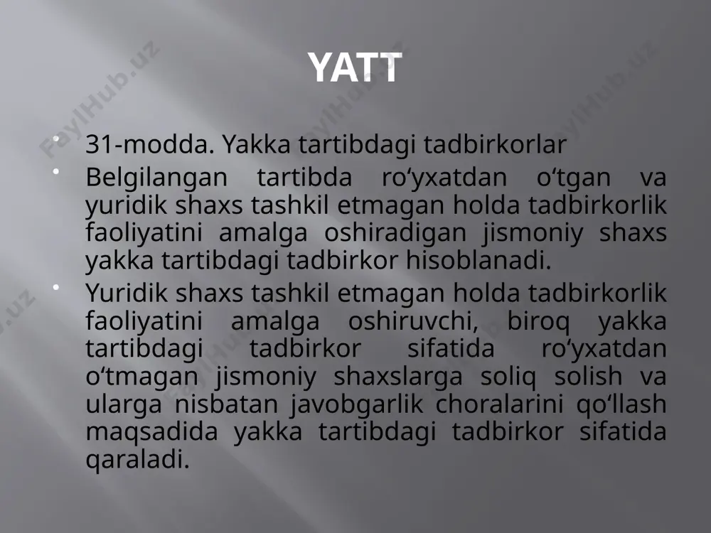 haxslarining o‘zbekiston respublikasidagi doimiy muassasalari (bo‘linmalari), bundan avtomobillarga yoqilg‘i quyish shahobchalari mustasno; j) o‘zbekiston respublikasining havo bo‘shlig‘idan yo‘lovchilarni tashish maqsadlarida foydalanuvchi, xalqaro havo aloqalarini amalga oshiruvchi va ularning tarkibiga kiruvchi yuridik shaxslar. z) realizatsiya qilish joyi o‘zbekiston respublikasi bo‘lgan elektron shakldagi xizmatlarni realizatsiya qilishni amalga oshiruvchi chet el yuridik shaxslari. yirik soliq to‘lovchilar ro‘yxatiga kiritilgan yoki ro‘yxatidan chiqarilgan yuridik shaxslar o‘zbekiston respublikasi vazirlar mahkamasi huzuridagi soliq qo‘mitasi tomonidan tegishli buyruq qabul qilingan kundan e’tiboran besh kun ichida yozma ravishda, shu jumladan soliq to‘lovchining shaxsiy kabineti orqali xabardor qilinadi. hududlararo inspeksiyasining asosiy vazifalari: - yirik soliq to‘lovchilar hisobini tashkil etish va ulardan soliq to‘g‘risidagi qonun hujjatlarida ko‘zda tutilgan soliqlar va yig‘imlarning to‘liq tushishini ta’minlash; - yirik soliq to‘lovchilar faoliyatida soliq to‘g‘risidagi qonun hujjatlariga rioya qilinishi bo‘yicha soliq nazoratini tashkil etish; - yirik soliq to‘lovchilarga soliq majburiyatlarini bajarish bo‘yicha o‘zaro hamkorlik asosida servis-texnik xizmat ko‘rsatilishini amalga oshirish; - yirik soliq to‘lovchilar ma’muriyatchiligi …