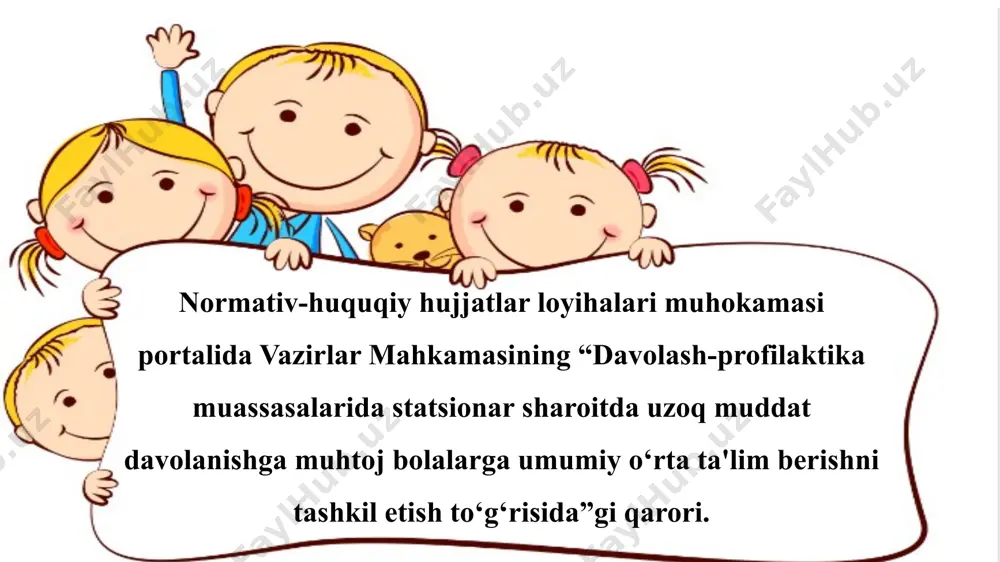 asosida, maxsus korreksion tuzatish uslublaridan foydalanilgan holda olib boriladi. o‘quvchini davolash-profilaktika muassasasiga davolash uchun qabul qilinganligi, uni davolash-profilaktika muassasasi qoshidagi umumiy o‘rta ta'lim maktabiga qabul qilish uchun asos hisoblanadi. o‘quvchilarni davolash-profilaktika muassasalari qoshidagi umumiy o‘rta ta'lim maktablariga qabul qilish hamda ularga ta'lim berish belgilangan tartibda vaqtinchalik tashkil etiladi. 30 kun va undan ortiq davr mobaynida davolanadigan o‘quvchi yoshidagi bemorlar davolash-profilaktika muassasasi qoshidagi umumiy o‘rta ta'lim maktabiga qabul qilinayotganda o‘zi ta'lim olayotgan umumiy o‘rta ta'lim maktabining rahbariyati tomonidan imzolangan va muhr bilan tasdiqlangan yozma ma'lumotnoma taqdim qiladi. o‘quvchi davolash-profilaktika muassasasiga qabul qilingandan boshlab bir kun muddatda yoshi va umumiy o‘rta ta'lim maktabi tomonidan taqdim etilgan ma'lumotnomaga muvofiq sinfga biriktiriladi va davolanishga qadar ta'lim olgan umumiy o‘rta ta'lim maktabi rahbariyatiga davolash-profilaktika muassasasi qoshidagi umumiy o‘rta ta'lim maktabi mudiri tomonidan imzolangan va muxr bilan tasdiqlangan yozma ma'lumotnoma yuboriladi. davolash-profilaktika muassasasi qoshidagi umumiy o‘rta ta'lim maktabida sinflardagi o‘quvchilar soni 10-20 nafarni tashkil etadi. sinfdagi …
