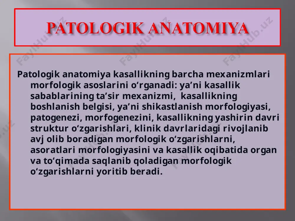 ning buzilishi, giperfunksiya, zaxarli moddalar, radiasiya, fermentopatiyalarda kuzatiladi. 2) transport tizimning buzilishi, yoki dissirkulyator distrofiya. 3)trofikaning endokrin regulyasiyasining buzilishi, tireotoksikoz, diabet, giperparatireoz va boshqalar. distrofiyaning morfogenetik mexanizmlari 4 ta: 1. infiltrasiya - fermentlar yetishmasligidan hujayralarga yoki oraliq to‘qimaga qon va limfadan moddalarning ko‘p miqdorda kirishi yoki shimilishi 2. dekompozisiya - murakkab ultrastruktur tuzilmalarining parchalanishi va buzilgan metabolizm moddalarining to‘planishi 3. transformasiya - bir turdagi modda monomerlaridan boshqa turdagi moddaning paydo bo‘lishi 4. aynigan sintez - hujayra yoki to‘qimada meyorda uchramaydigan moddalarning sintezlanishi. bunga, amiloidoz, mallori va kaunsilman oqsillari sintezlanishini kiritsa bo‘ladi. distrofiyaning tasnifi: organ va to‘qimalarning parenxima, stromasida joylanishiga qarab: 1) parenximatoz, 2) stroma-tomir va 3) aralash distrofiyalar. qaysi bir turdagi modda almashinuvi buzilishiga qarab: 1) oqsilli, 2) yog‘li, 3) uglevodli va 4) mineralli distrofiyalar. genetik omillar ta’siriga qarab: 1) nasliy yoki birlamchi, 2) orttirilgan distrofiyalar. jarayonning tarqoqligiga qarab: 1) umumiy va 2) mahalliy distrofiya.. parenximatoz disproteinozlar morfologik jihatdan quyidagi …