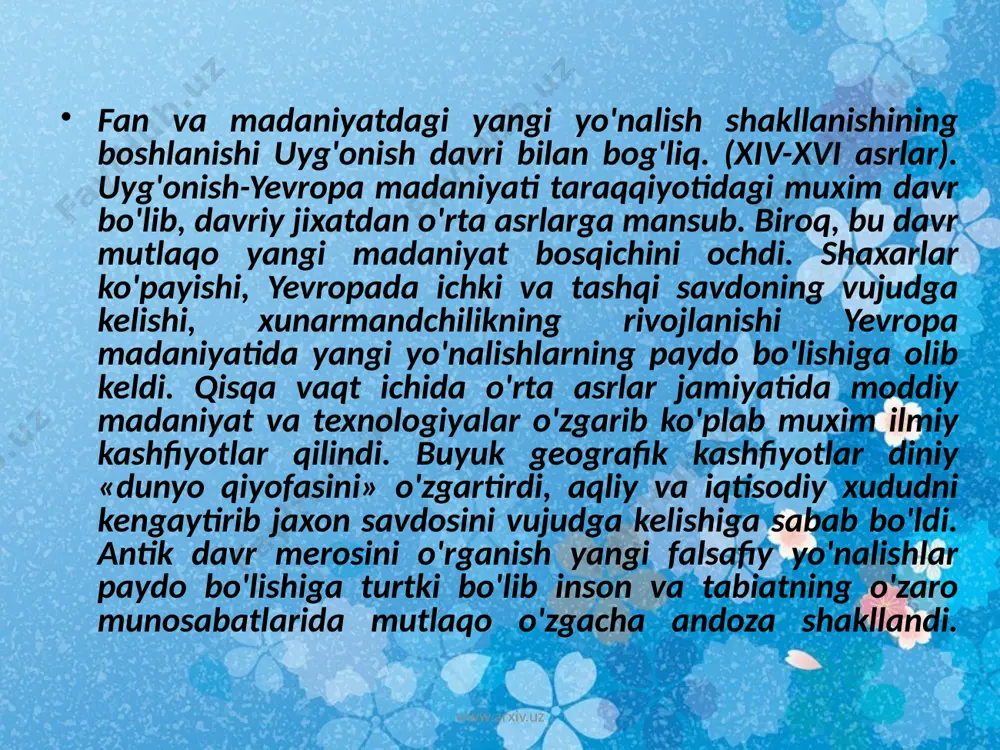 nglash xam unga yaqinlashish degani emas, balki, aksincha qandaydir uzoq begonalikni, faqat texnik yondoshuvni bildiradi. insonning o'z tabiati sirlarini anglashga urinishi shunchalik qarama-qarshi natijalarga olib keladi xix- asrda texnika taraqqqiyoti g'ayriqonuniy ravishda madaniyatning butun rivojini bir xil qolipda o'lchashi jamiyat fikrida iqtisodiy omillarning axamiyati oshuviga olib keldi. bu esa olamni texnik o'zlashtirish suratlari sezilarli o'sishiga sabab bo'ldi. oqibatda taraqqiyotning butunlay va shubxasiz o'sishi jarayonida sivilizatsiya butunlay xalok bo'lishi mumkin (y. xeyzinga). bu muammolar xx asrda yaqqol ko'zga tashlandi. www.arxiv.uz xx asrda texnika surati xaddan tashqari o'sdi. keyingi yuz yilda yer yuzida sanoat ishlab chiqarishi 50 martadan oshdi, bu o'sishning 4¢5 qismi 1950 yildan keyingi davrga to'g'ri keldi. xaqli ravishda xx asr insoniyat tarixiga ilmiy-texnika inqilobi asri bo'lib kirdi. insonlarning xozirgi vaqtdagi ta'sir kuchini tabiatning eng beshafqat kuchlari bilan teng qo'yish mumkin. shuning uchun xam xususan xx asrda texnika muammosi va uning madaniyatdagi o'rniga olimlar o'z e'tiborlarini aloxida qaratdilar. www.arxiv.uz texnika …