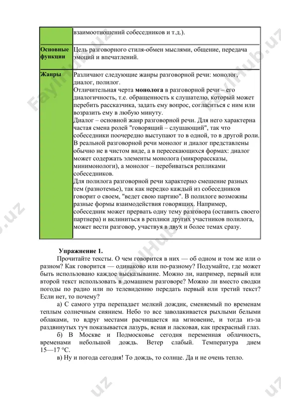 илоге возможны разные формы взаимодействия говорящих. например, собеседник может прервать одну тему разговора (оставить своего партнера) и вклиниться в реплики других участников полилога, может вести разговор, участвуя в двух и более темах сразу. упражнение 1. прочитайте тексты. о чем говорится в них — об одном и том же или о разном? как говорится — одинаково или по-разному? подумайте, где может быть использовано каждое высказывание. можно ли, например, первый или второй текст использовать в домашнем разговоре? можно ли вместо сводки погоды по радио или по телевидению передать первый или третий текст? если нет, то почему? а) с самого утра перепадает мелкий дождик, сменяемый по временам теплым солнечным сиянием. небо то все заволакивается рыхлыми белыми облаками, то вдруг местами расчищается на мгновение, и тогда из-за раздвинутых туч показывается лазурь, ясная и ласковая, как прекрасный глаз. б) в москве и подмосковье сегодня переменная облачность, временами небольшой дождь. ветер слабый. температура днем 15—17 °с. …