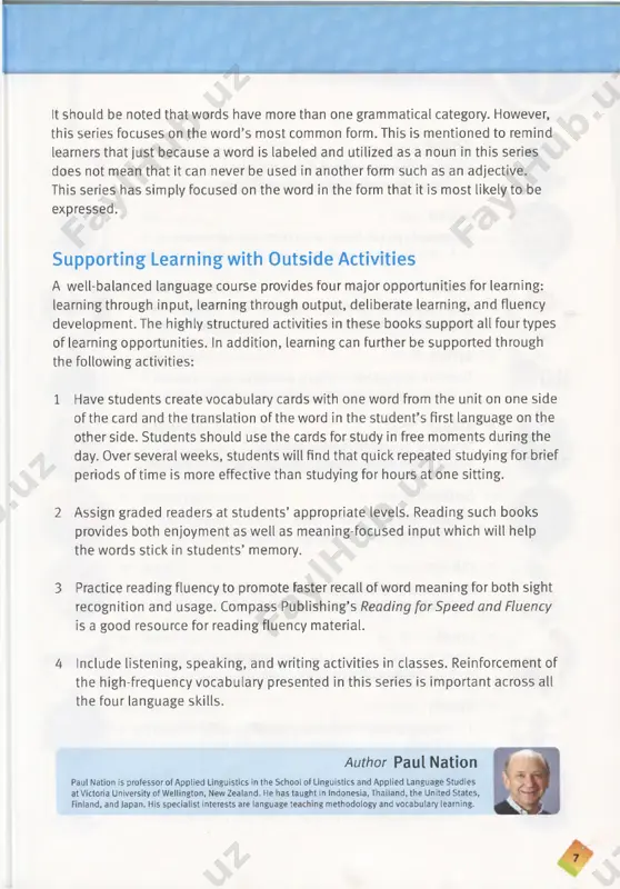 berate learning, and fluency development. the highly structured activities in these books support all four types of learning opportunities. in addition, learning can further be supported through the following activities: 1 have students create vocabulary cards with one word from the unit on one side of the card and the translation of the word in the student’s first language on the other side. students should use the cards for study in free moments during the day. over several weeks, students will find that quick repeated studying for brief periods of time is more effective than studying for hours at one sitting. 2 assign graded readers at students’ appropriate levels. reading such books provides both enjoyment as well as meaning-focused input which will help the words stick in students’ memory. 3 practice reading fluency to promote faster recall of word meaning for both sight recognition and usage. compass publishing’s reading for …