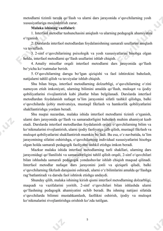 beradi va o‘quvchilar turli g‘oyalarni taklif qiladi. shu jarayonda ularning ijodiy fikrlash qobiliyati oshadi, ular yangi so‘zlar, jumlalar yoki hikoyalarni o‘zlari yaratishga urinadi. interfaol metodlar qaysi vazifalarni bajaradi? 1. faollikni oshirish – o‘quvchilar dars davomida doimo ishtirok etadi, savol-javoblarda qatnashadi va muammolarni hal qiladi. 2. bilimni mustahkamlash – o‘quvchilar o‘rgangan bilimlarini amalda qo‘llash orqali yaxshiroq eslab qoladi. 3. muloqot ko‘nikmalarini rivojlantirish – o‘quvchilar bir-biri bilan suhbatlashadi, fikr almashadi va guruhda ishlashni o‘rganadi. 4. ijodiy qobiliyatni oshirish – turli vazifalar orqali o‘quvchilar yangi g‘oyalar ishlab chiqadi. 5. muammolarni hal qilish – o‘quvchilar darsda turli muammolarni birgalikda yechadi va tanqidiy fikrlashni rivojlantiradi. masalan, matematikada sonlar bilan ishlayotganimizda interfaol metodlar yordamida o‘quvchilar sonlarni joylashtirish o‘yinini o‘ynashi mumkin. har bir o‘quvchi o‘z navbatida raqamni to‘g‘ri joylashtiradi va shu bilan barcha o‘quvchilar sonlarni tez va aniq bilishga o‘rganadi. interfaol metodlar turlari interfaol metodlar juda ko‘p va har bir dars mavzusiga mos keladigan usullarni tanlash mumkin: …
